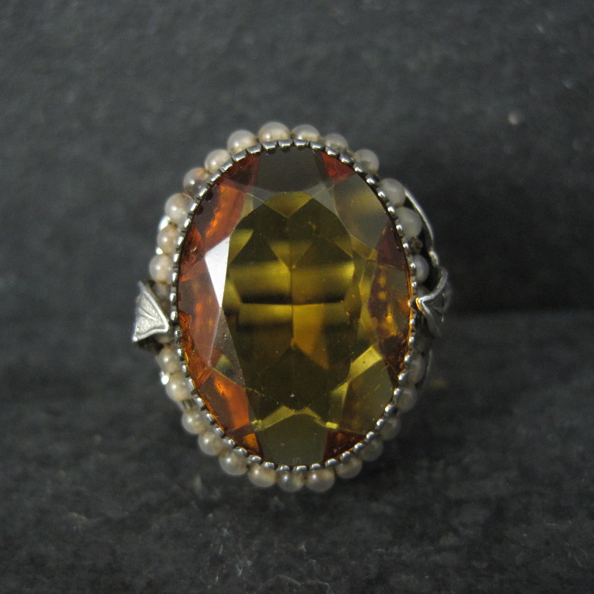 Antique Filigree Sterling Topaz Glass Leaf Ring Size 6