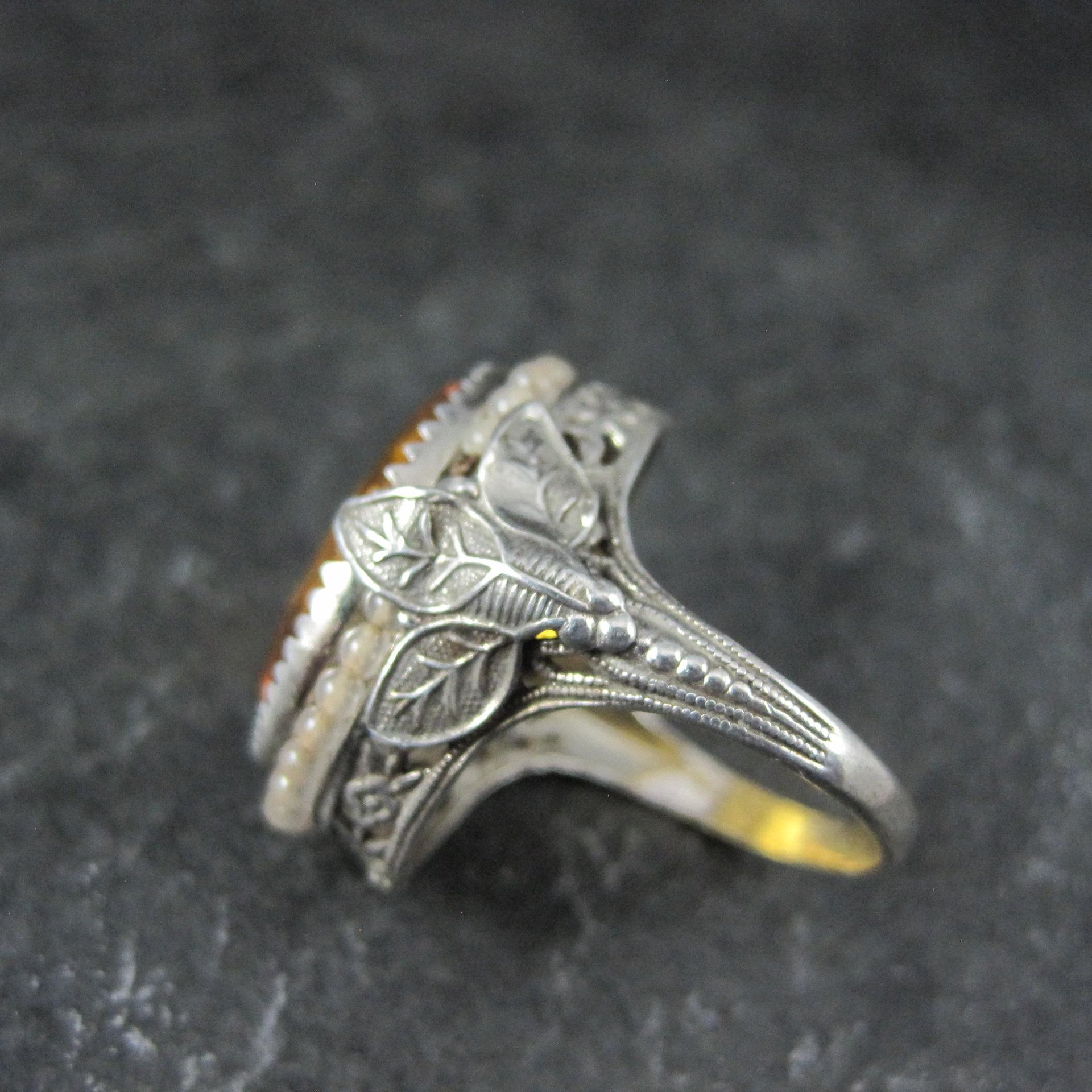 Antique Filigree Sterling Topaz Glass Leaf Ring Size 6