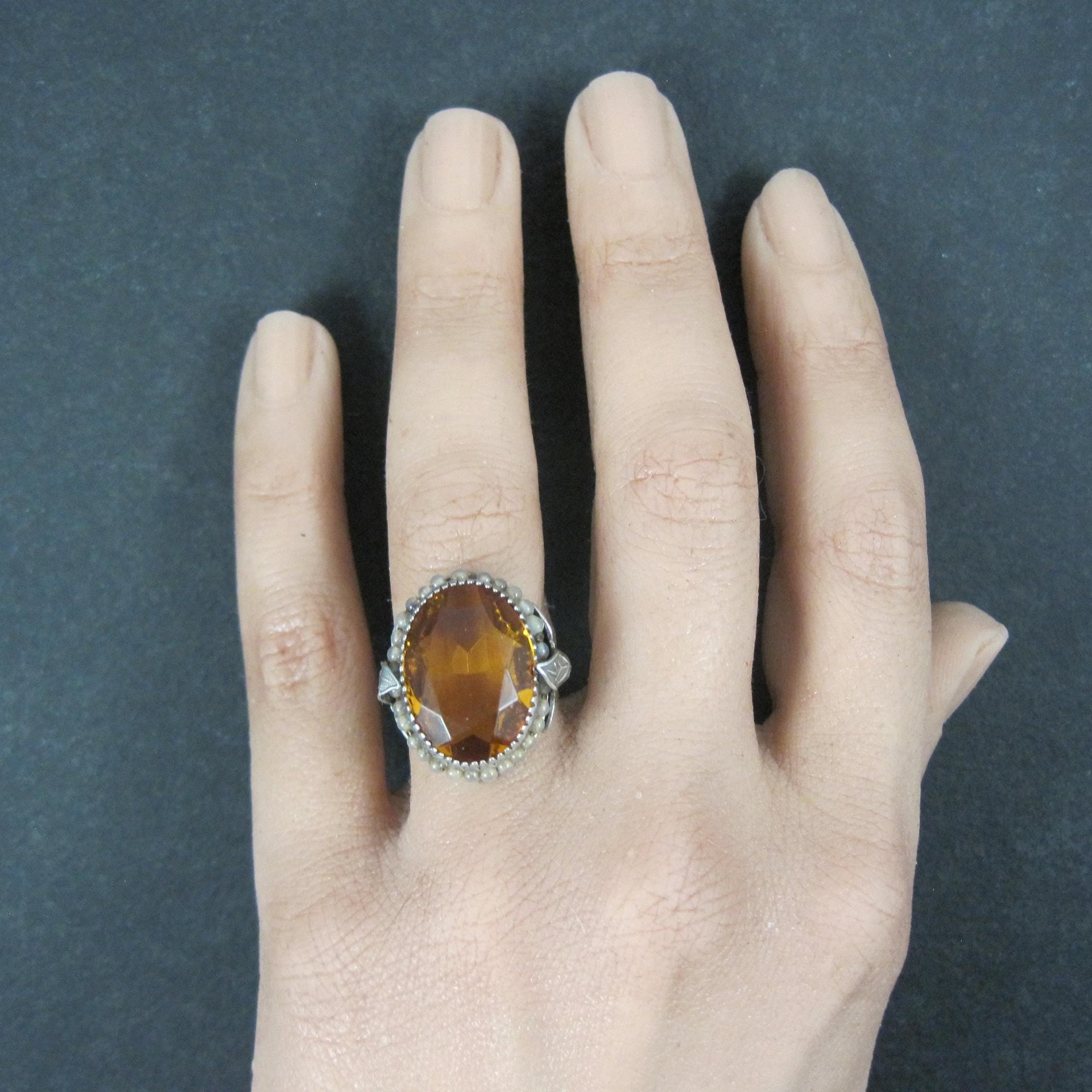 Antique Filigree Sterling Topaz Glass Leaf Ring Size 6