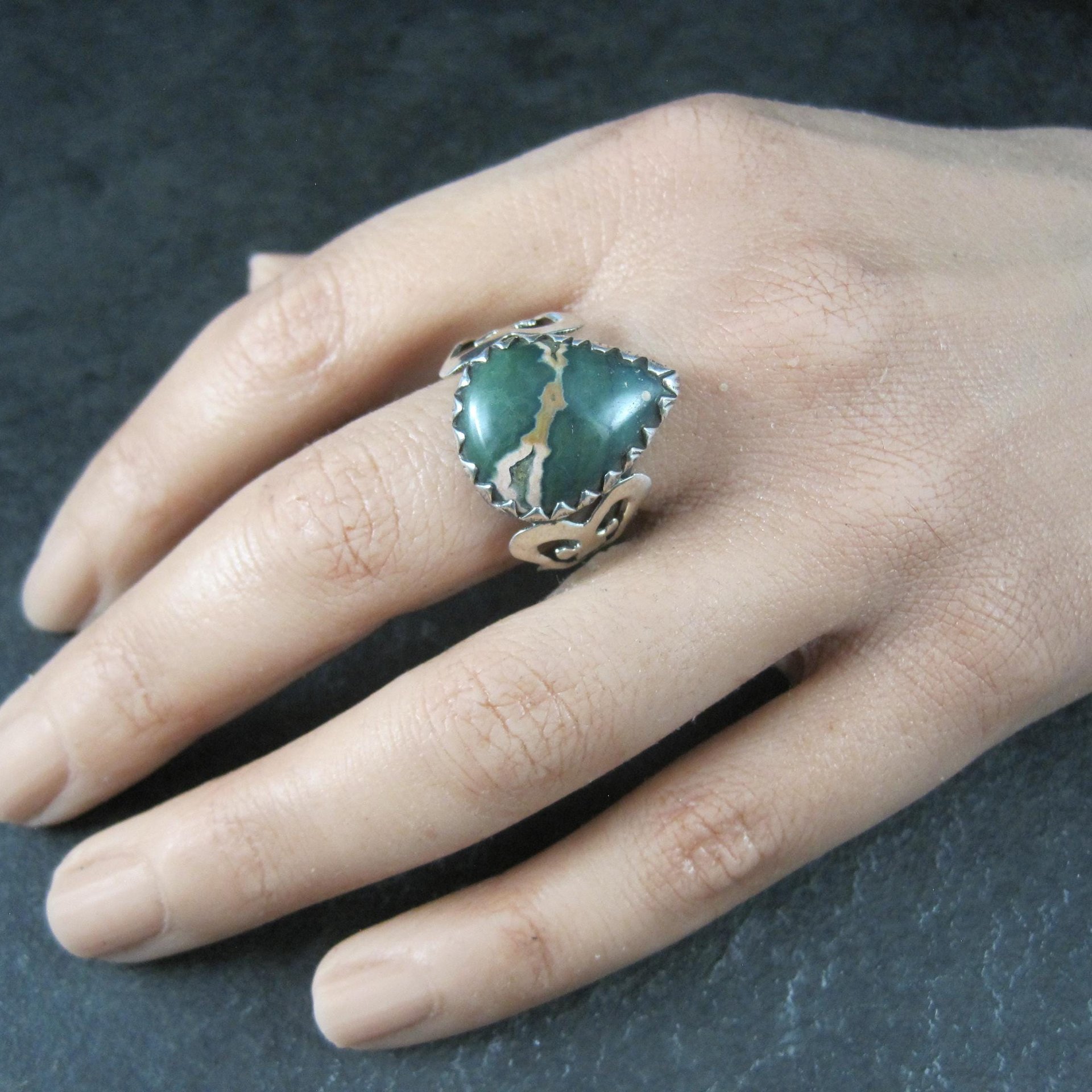 Vintage Sterling Green Ocean Jasper Ring Size 9