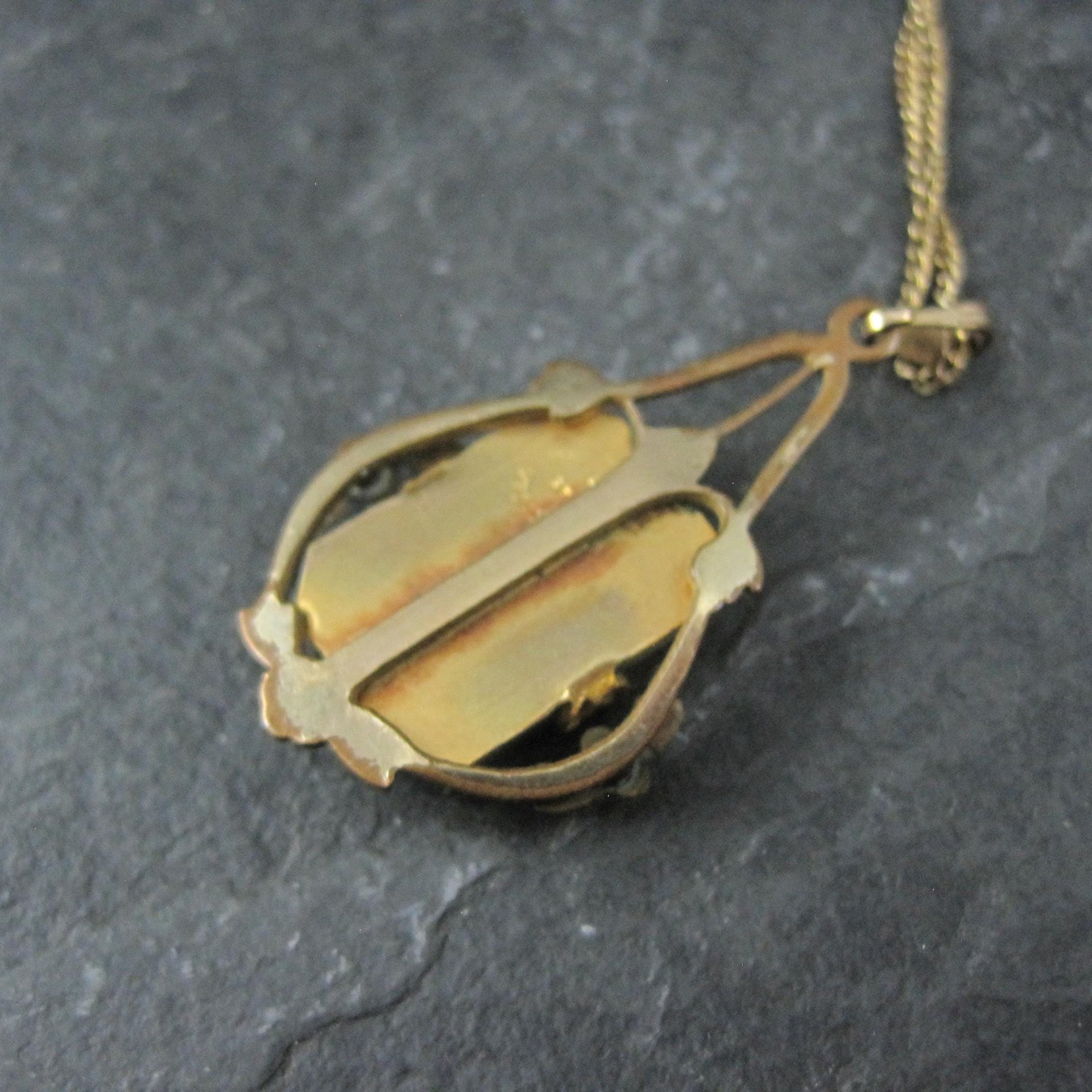 Art Deco 12K Gold Filled Montana Agate Pendant Necklace