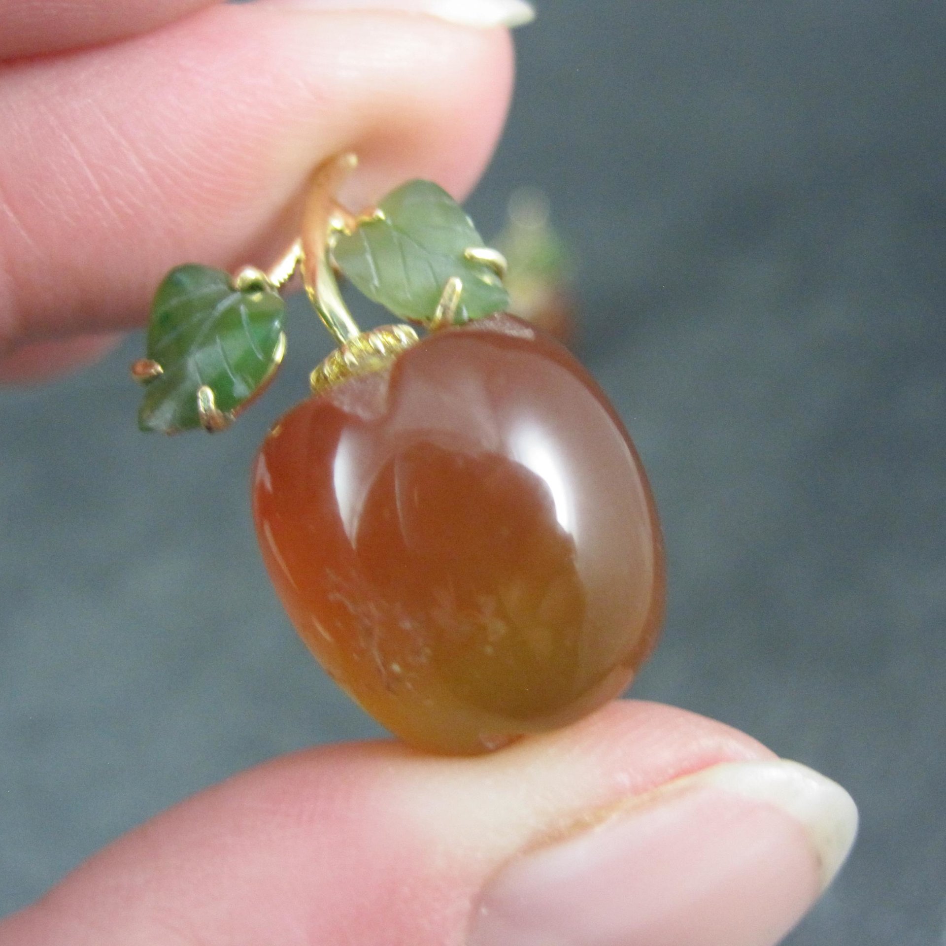 Vintage Carved Carnelian & Jade Apple Pendant