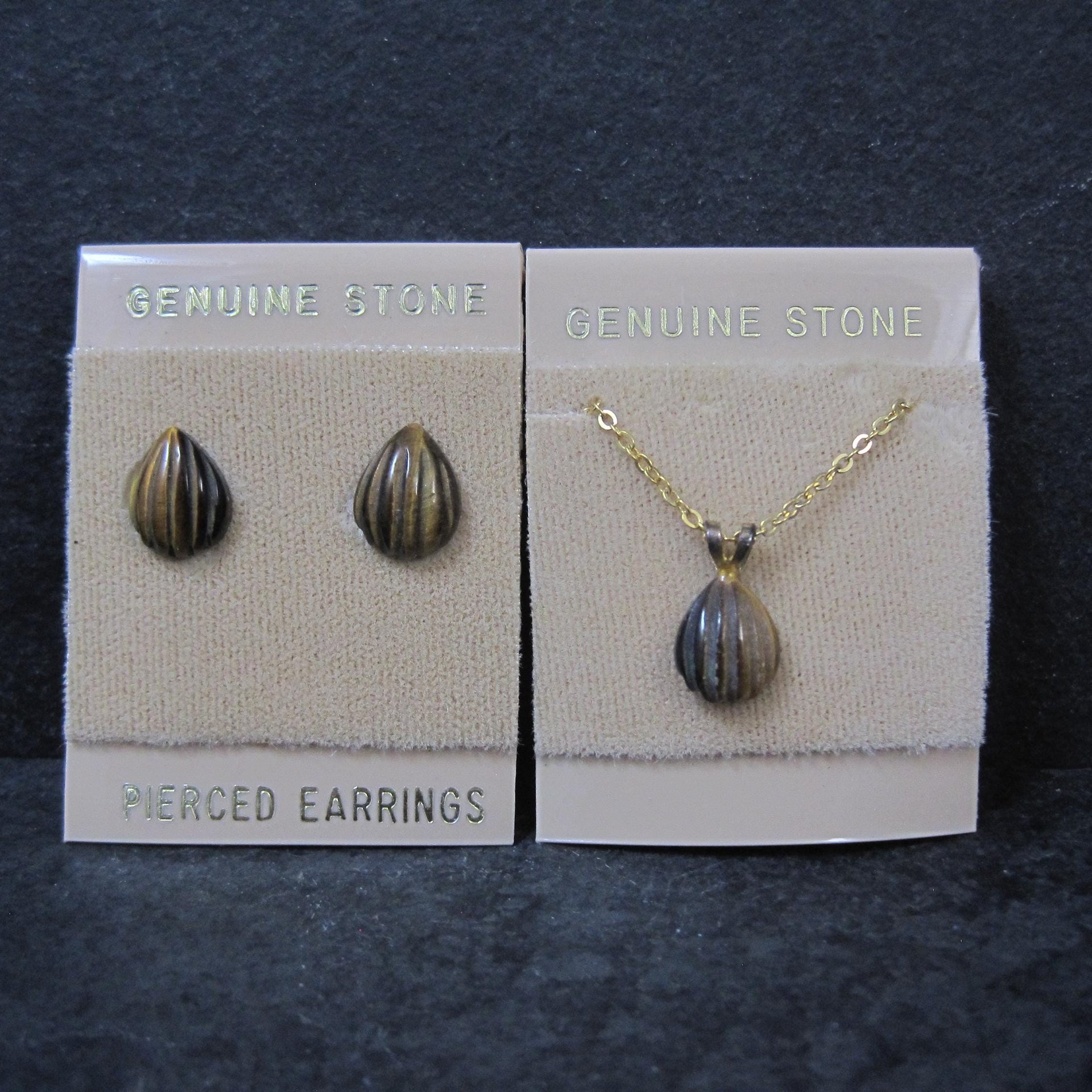 Vintage Tigers Eye Stud Earrings & Necklace Jewelry Set NOS