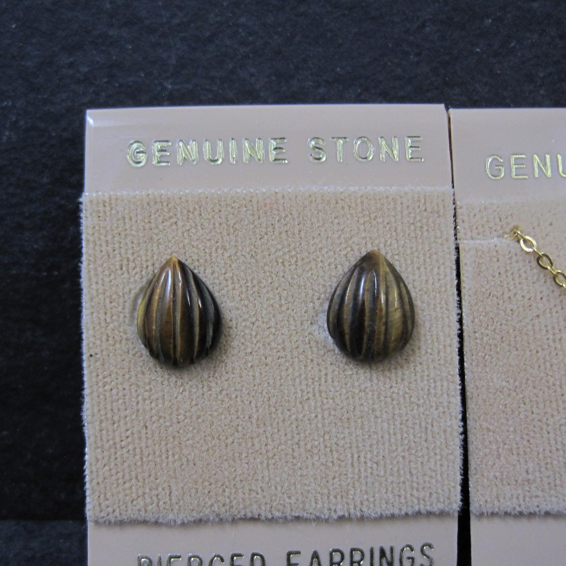 Vintage Tigers Eye Stud Earrings & Necklace Jewelry Set NOS