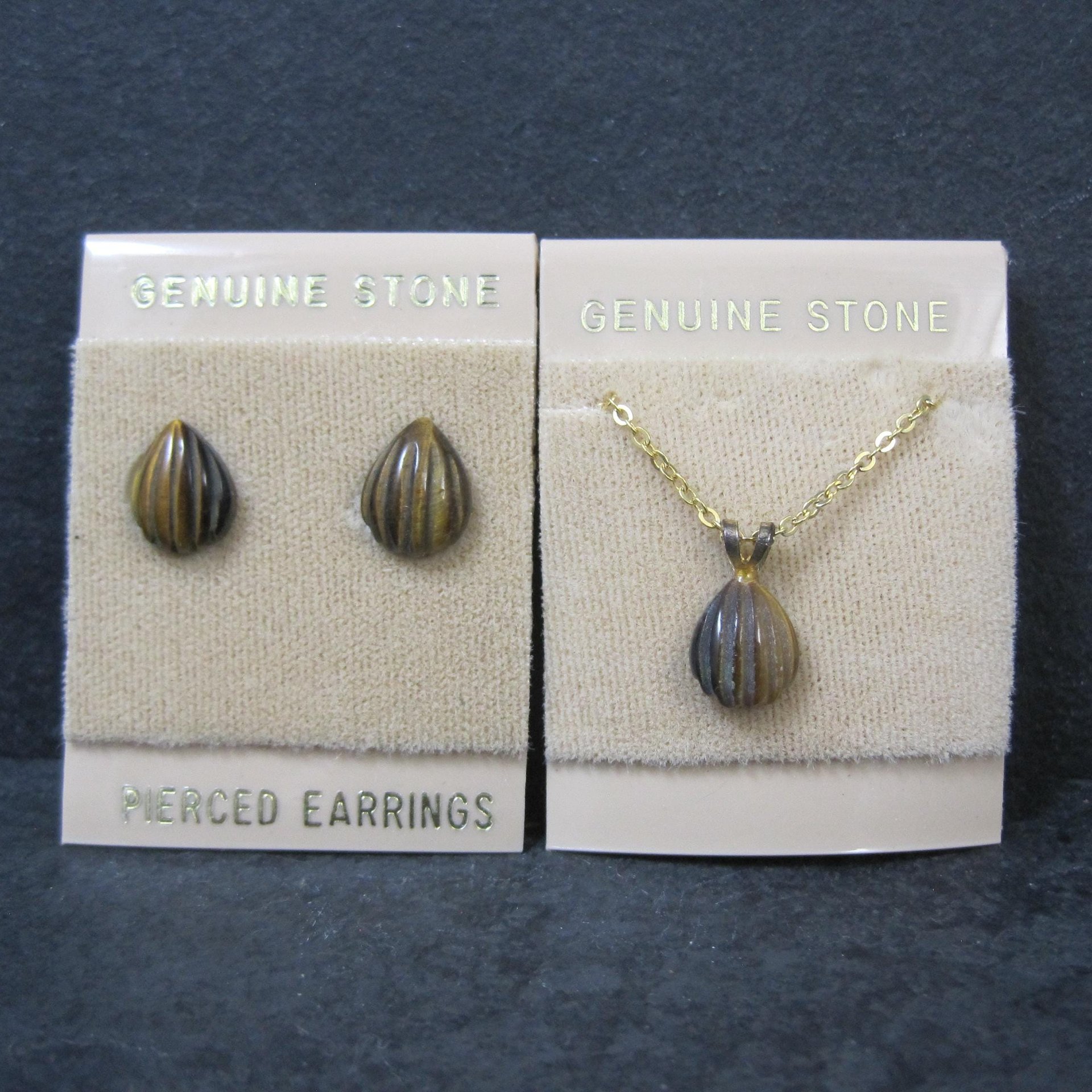 Vintage Tigers Eye Stud Earrings & Necklace Jewelry Set NOS