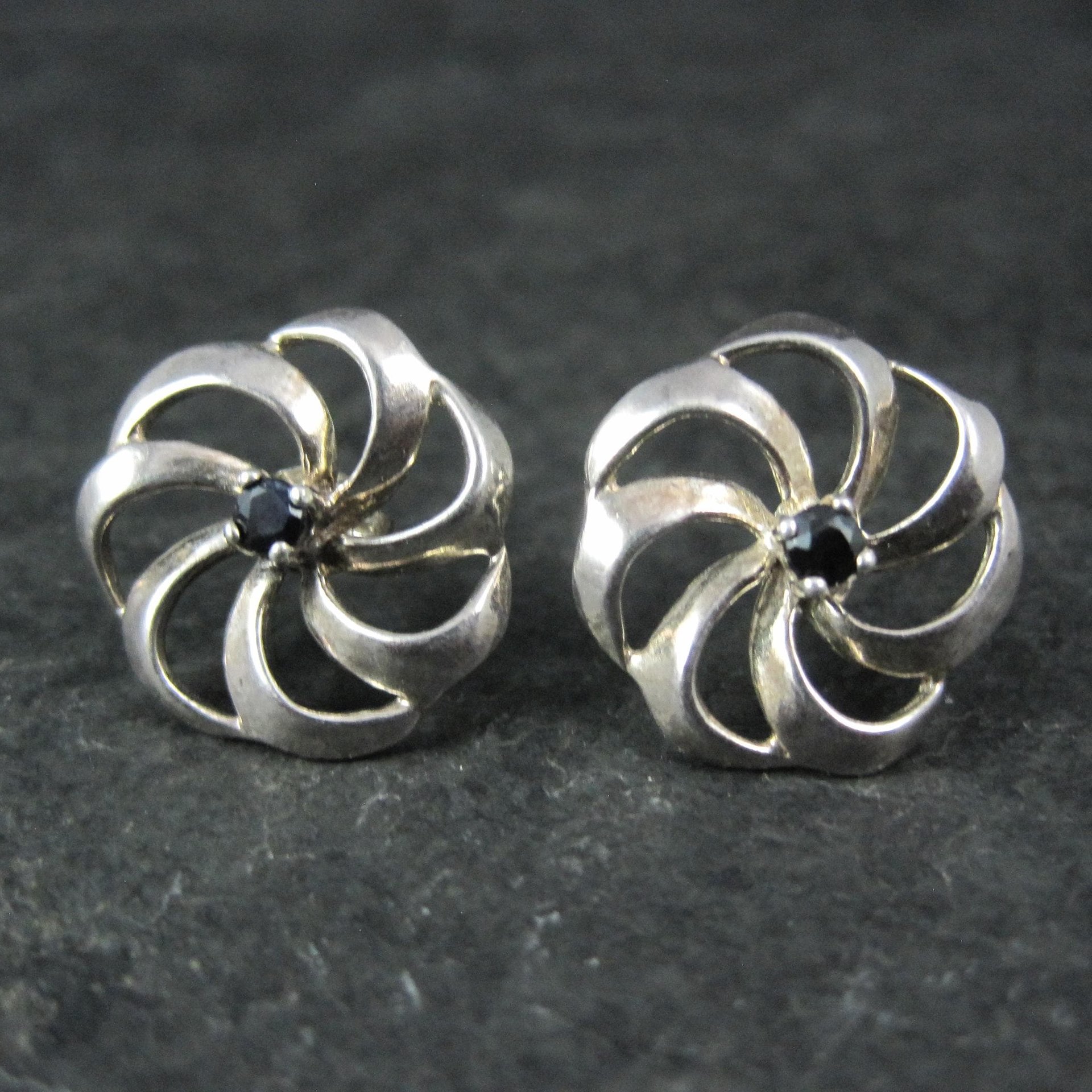 Vintage Black Spinel Flower Earrings 5/8" Sterling Silver