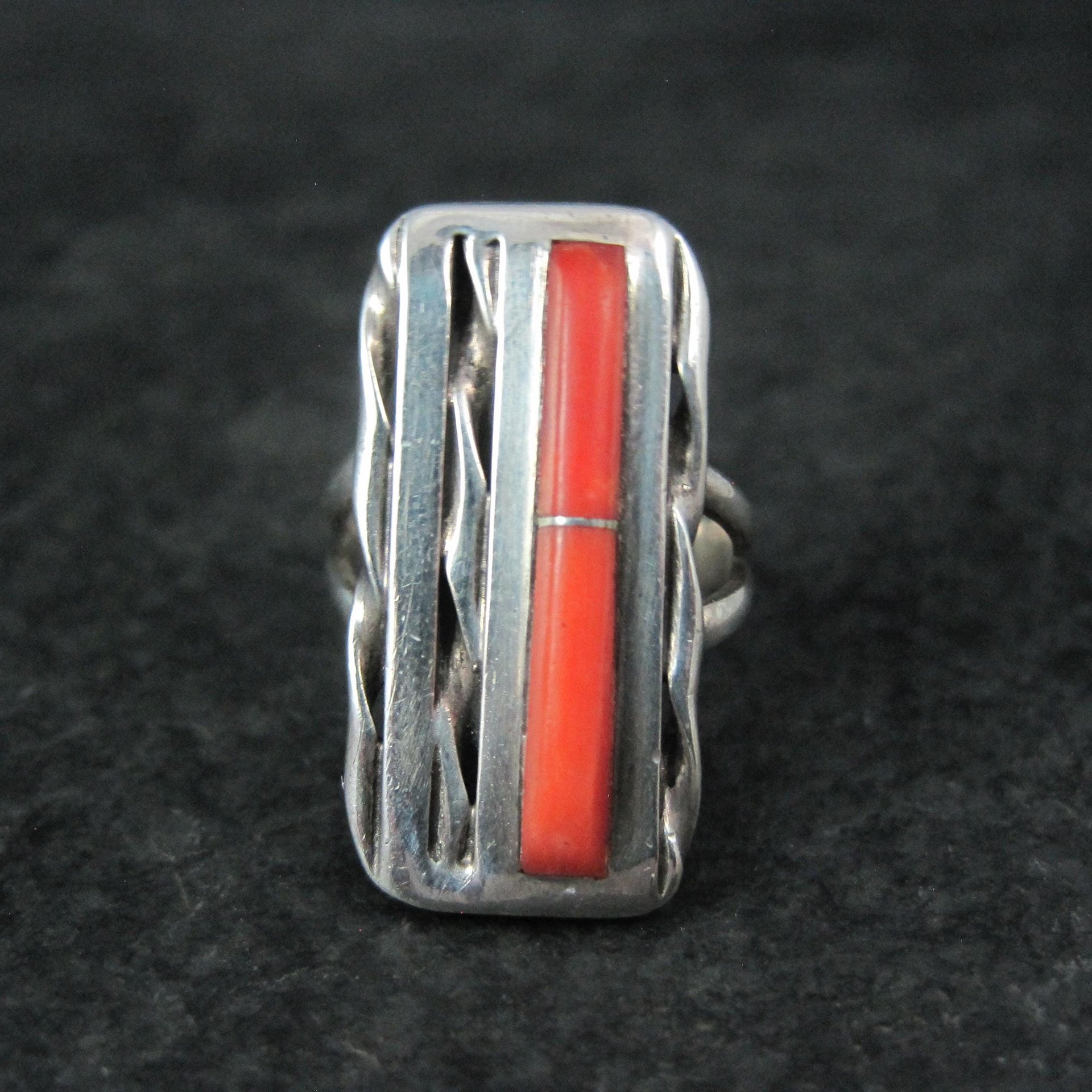 Vintage Zuni Coral Inlay Ring Size 5