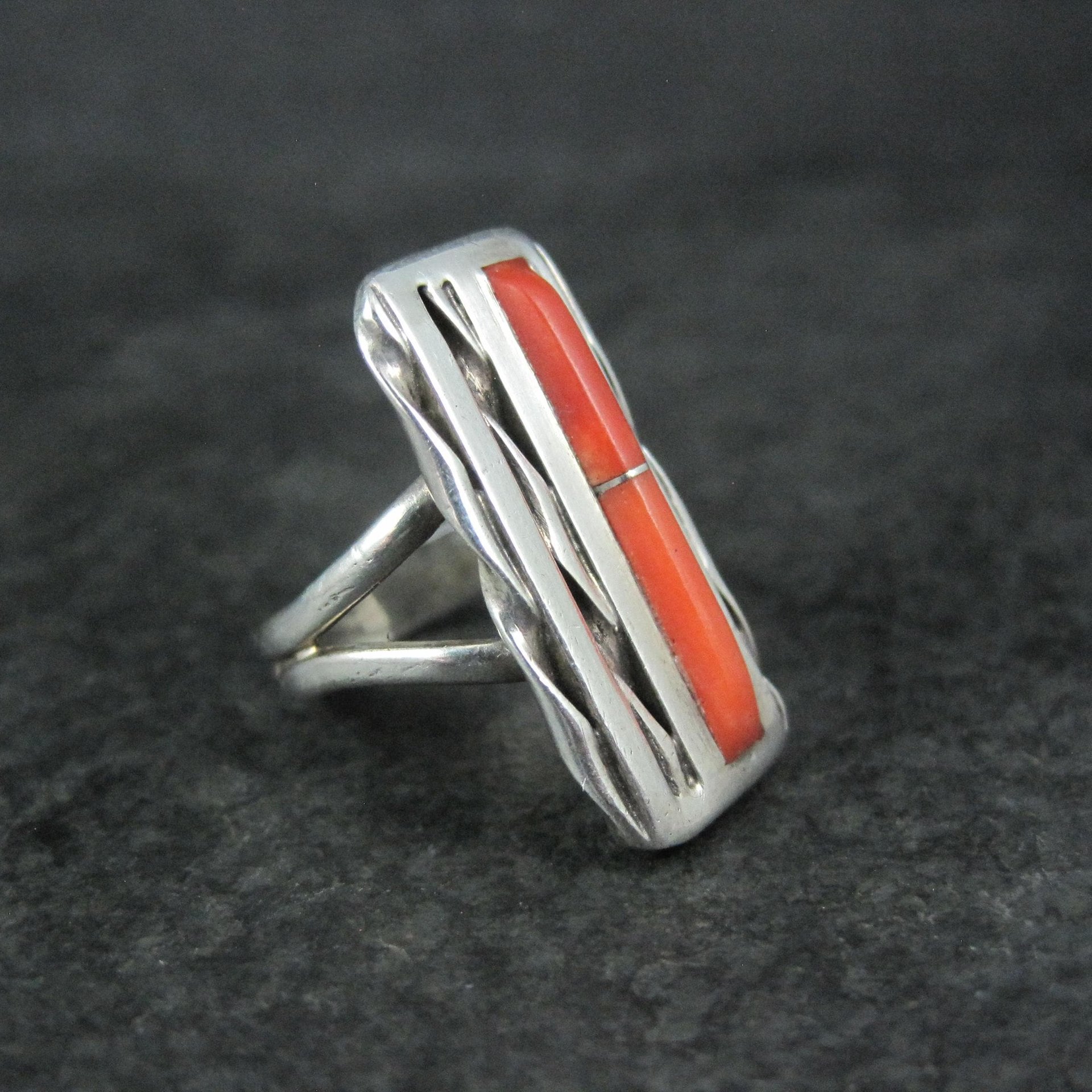 Vintage Zuni Coral Inlay Ring Size 5