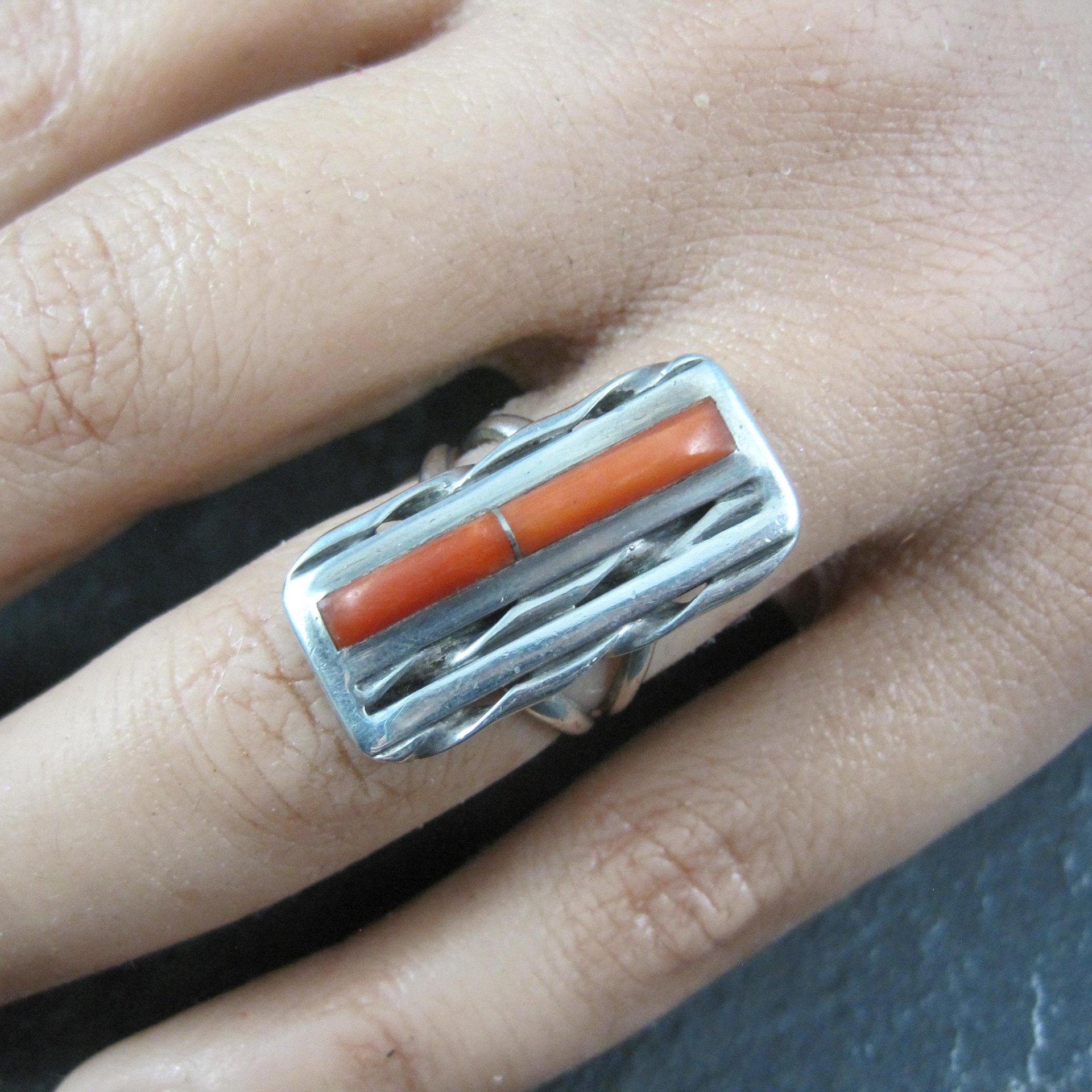 Vintage Zuni Coral Inlay Ring Size 5