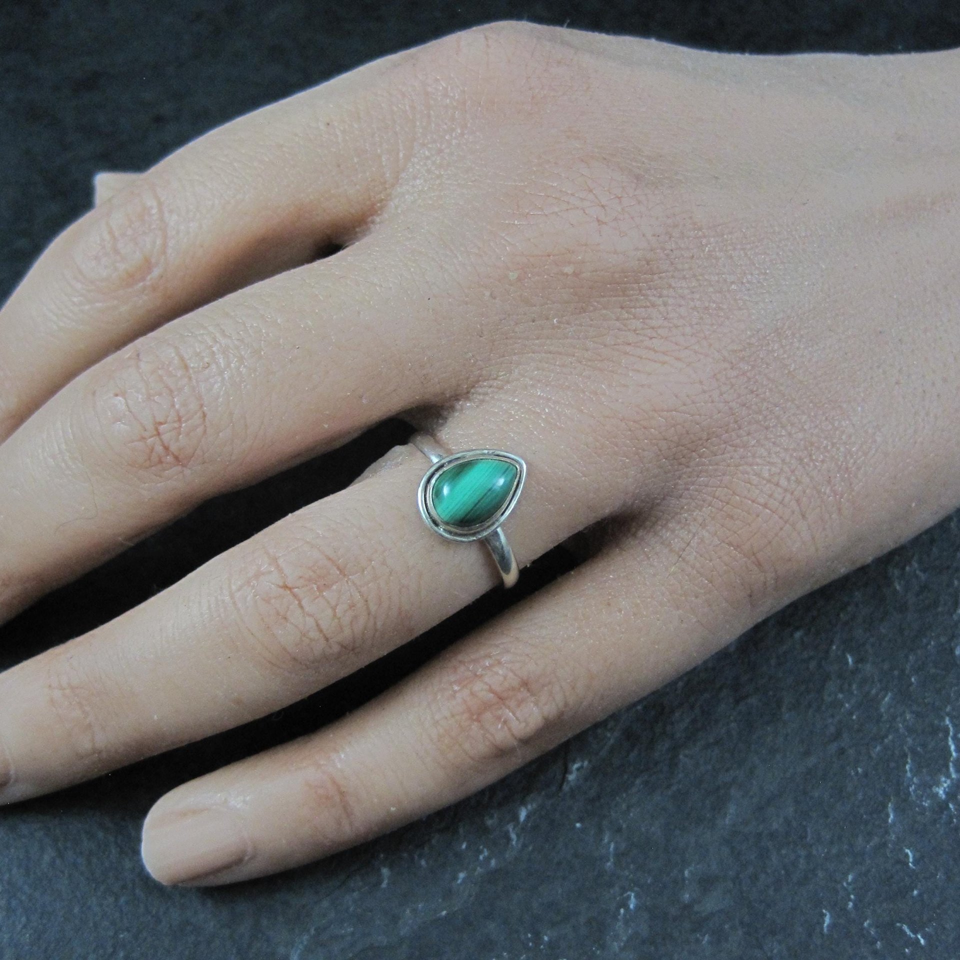Dainty Sterling Malachite Ring Size 6