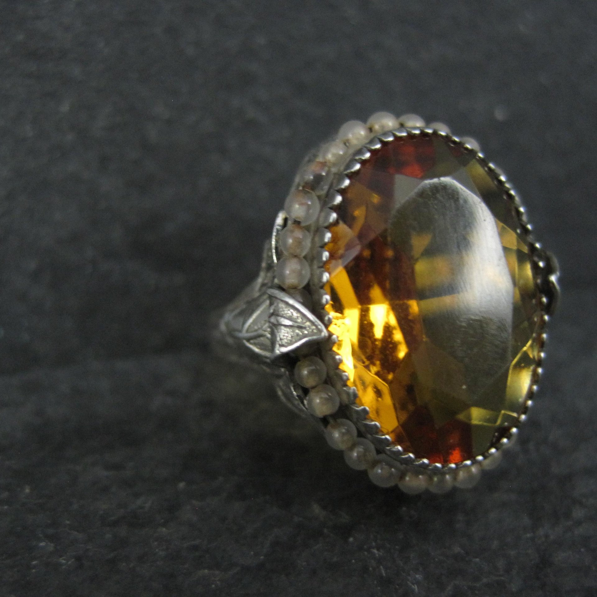 Antique Filigree Sterling Topaz Glass Leaf Ring Size 6