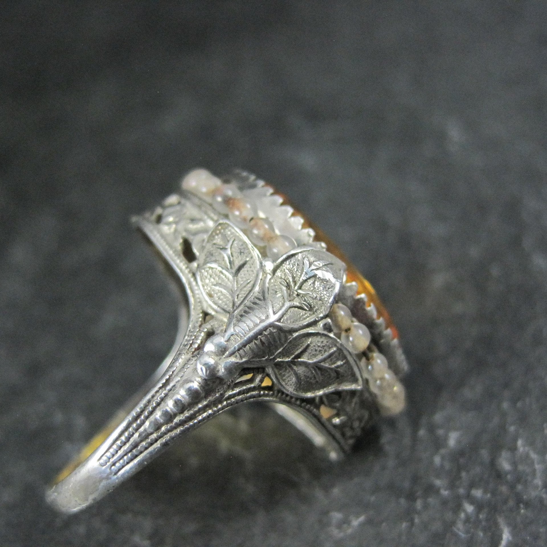 Antique Filigree Sterling Topaz Glass Leaf Ring Size 6