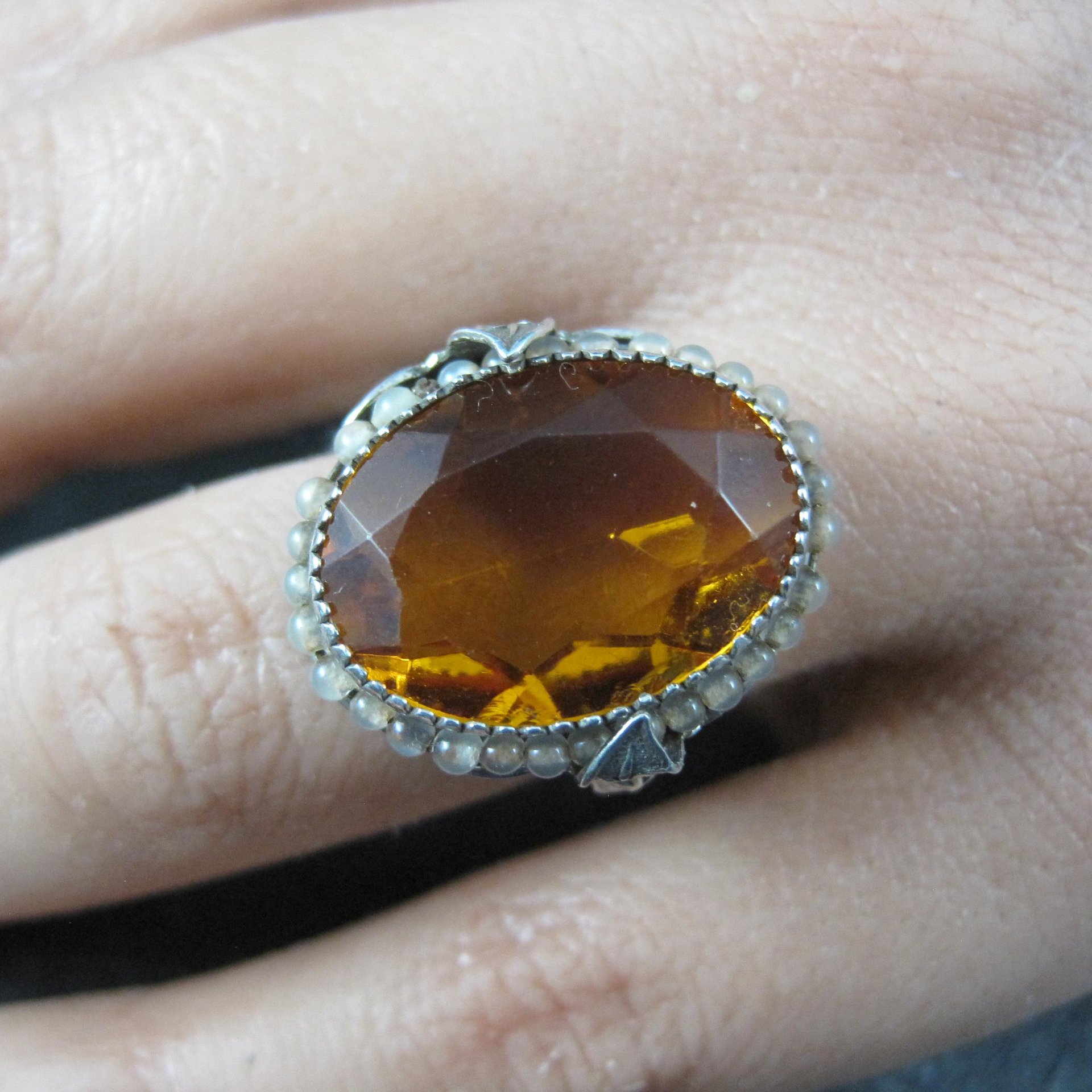 Antique Filigree Sterling Topaz Glass Leaf Ring Size 6