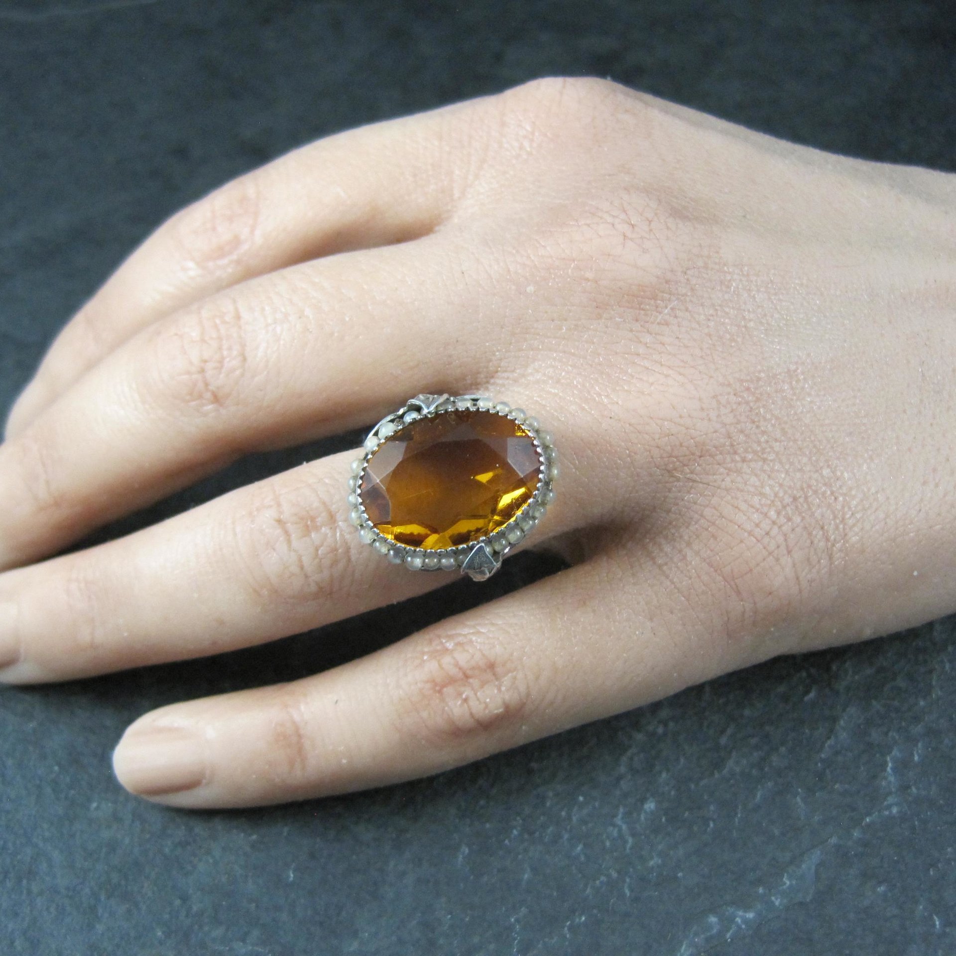 Antique Filigree Sterling Topaz Glass Leaf Ring Size 6