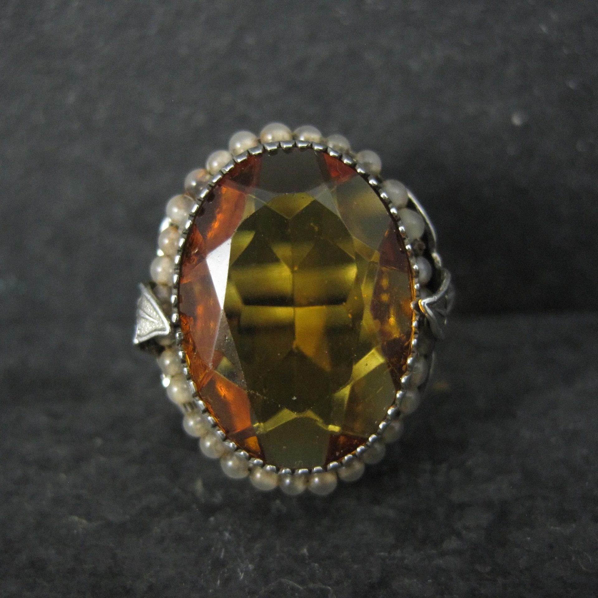 Antique Filigree Sterling Topaz Glass Leaf Ring Size 6