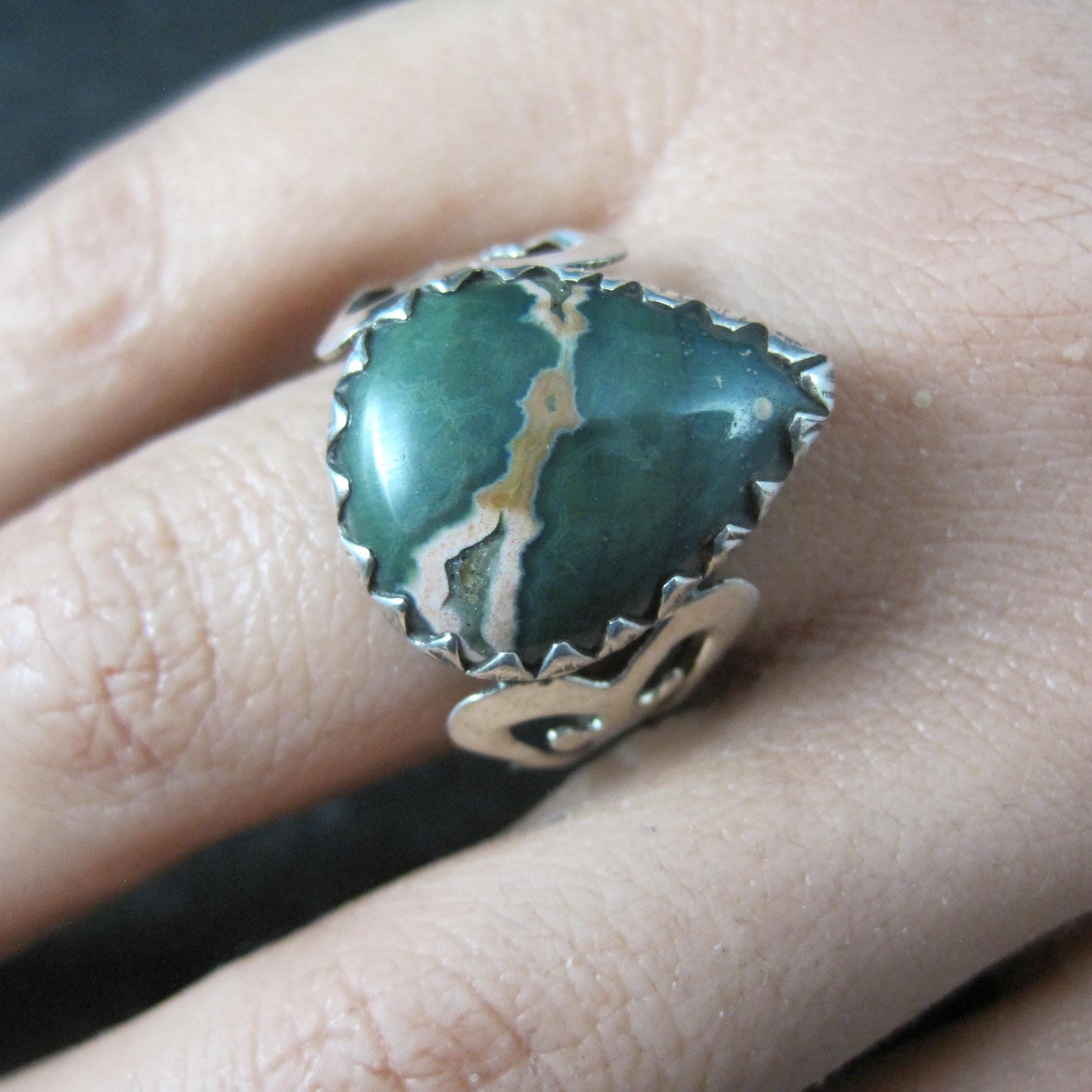 Vintage Sterling Green Ocean Jasper Ring Size 9