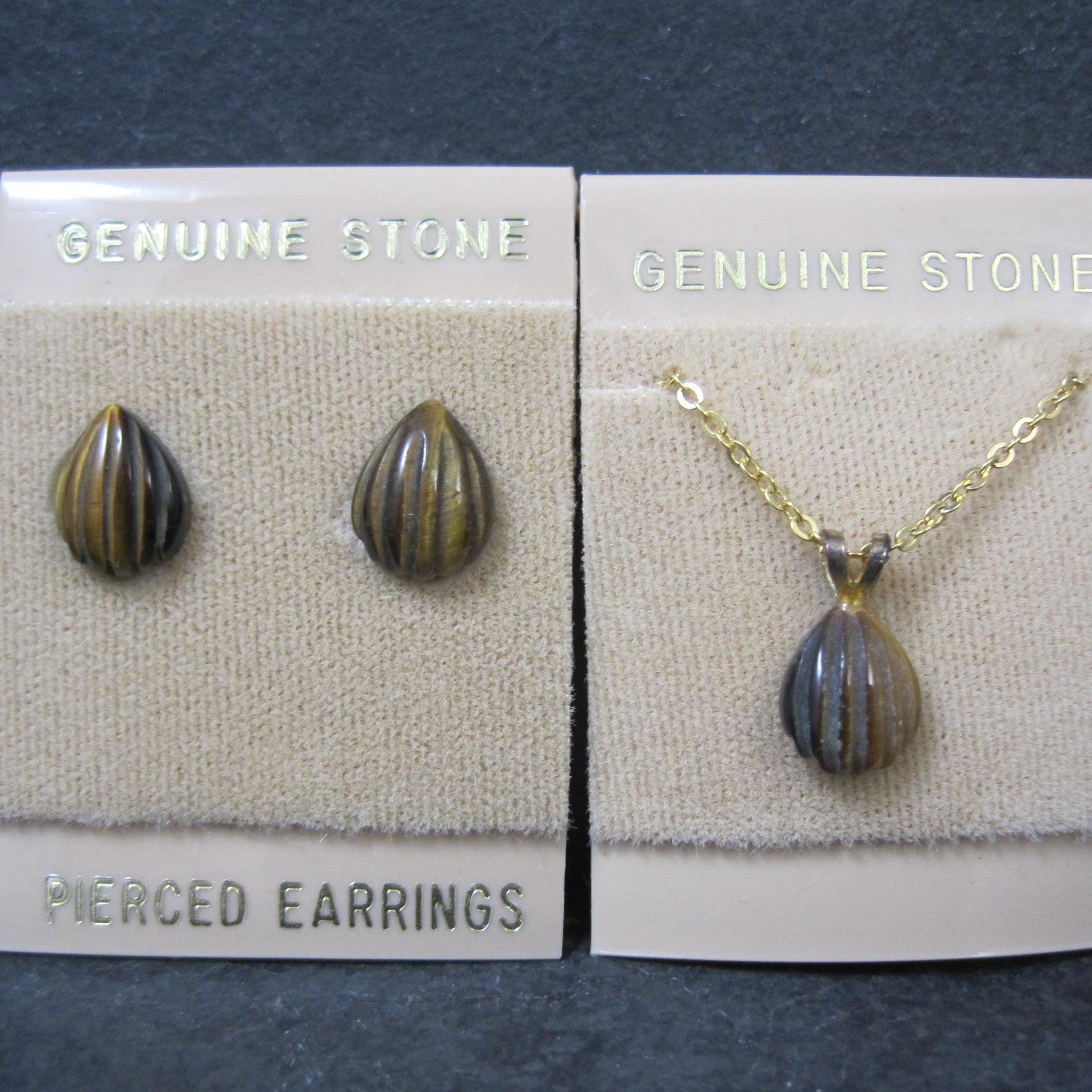 Vintage Tigers Eye Stud Earrings & Necklace Jewelry Set NOS