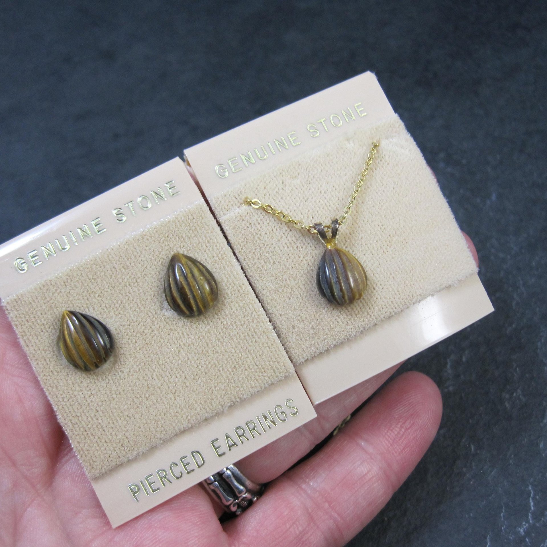 Vintage Tigers Eye Stud Earrings & Necklace Jewelry Set NOS