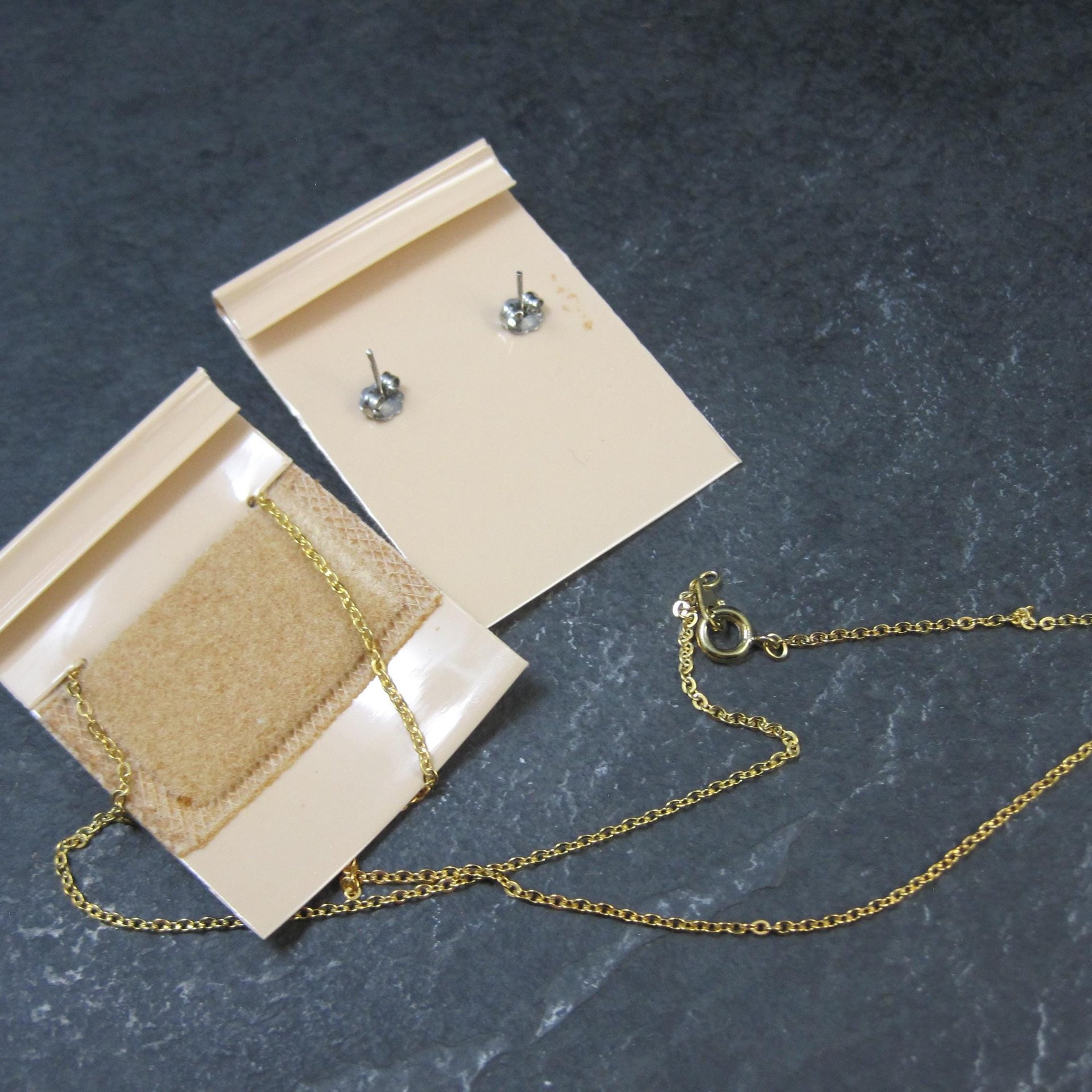 Vintage Tigers Eye Stud Earrings & Necklace Jewelry Set NOS