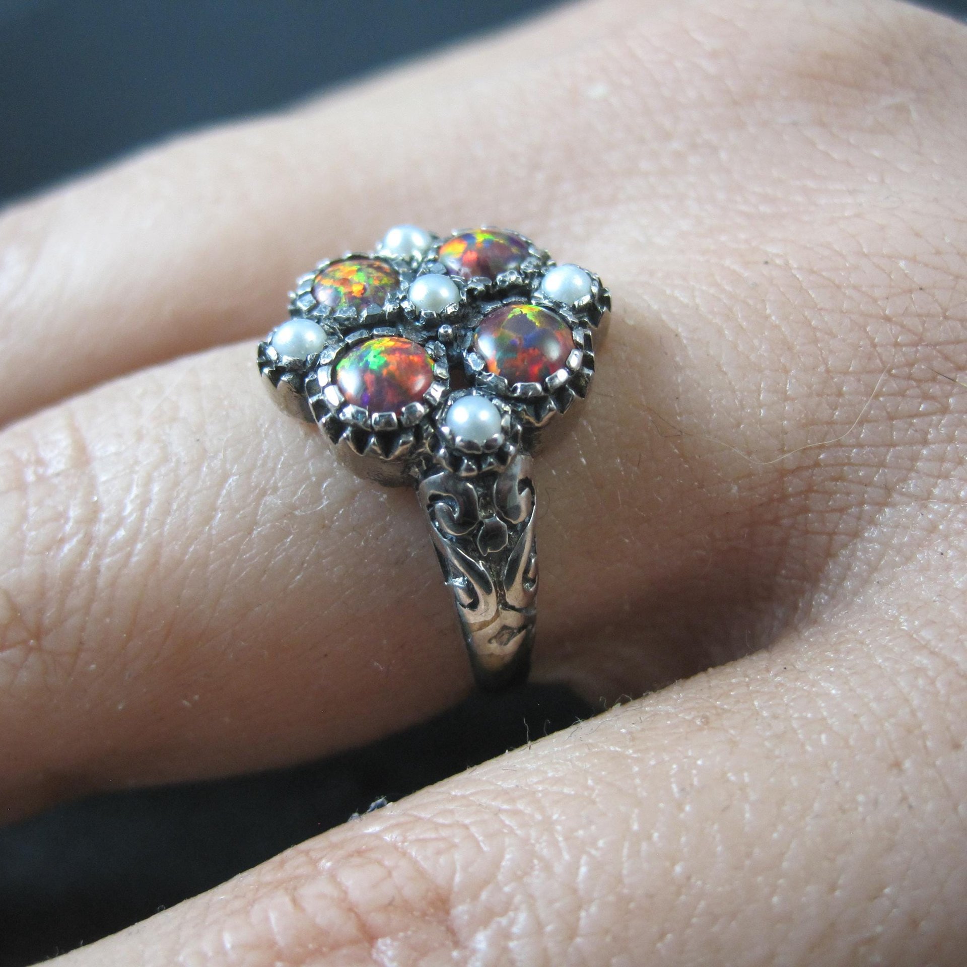 Opal and Seed Pearl Ring Size 5.5 Art Deco Style Sterling Silver