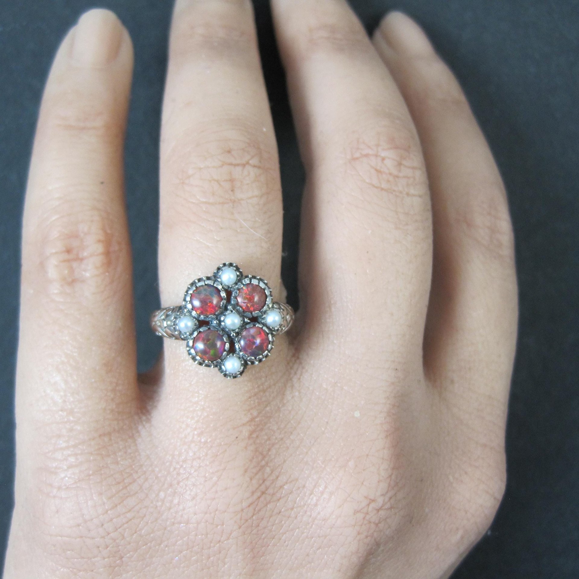 Opal and Seed Pearl Ring Size 5.5 Art Deco Style Sterling Silver