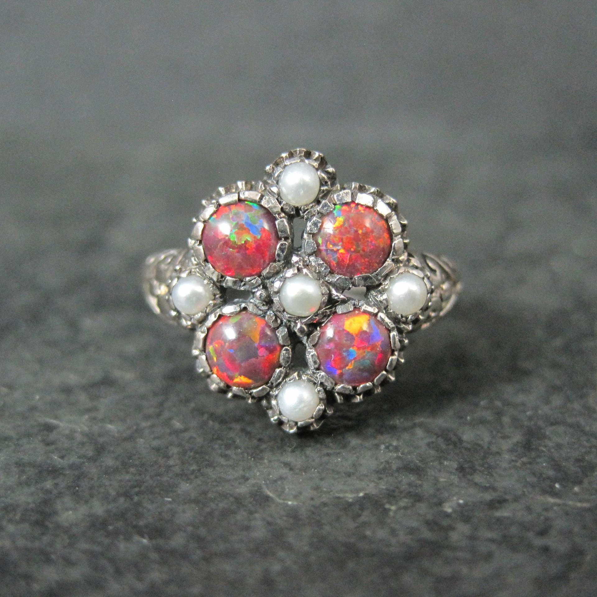 Opal and Seed Pearl Ring Size 5.5 Art Deco Style Sterling Silver
