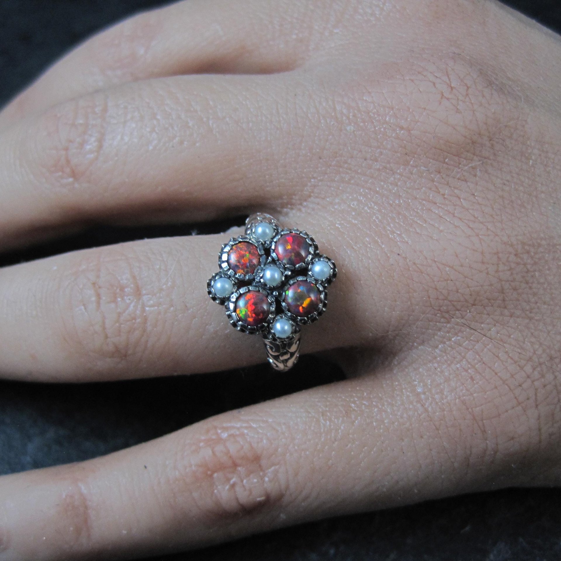 Opal and Seed Pearl Ring Size 5.5 Art Deco Style Sterling Silver
