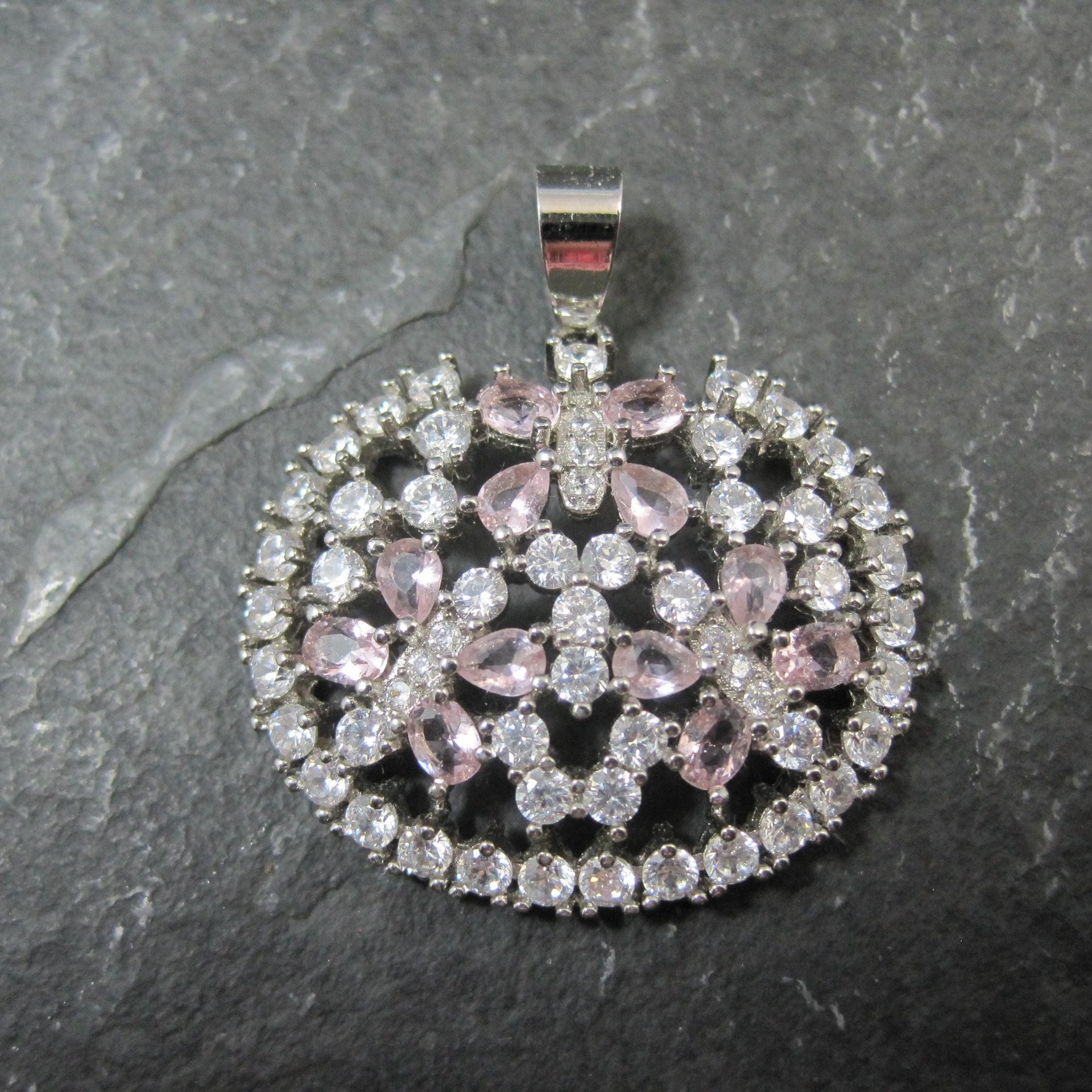 Estate Sterling Silver Pink Cubic Zirconia Butterfly Pendant