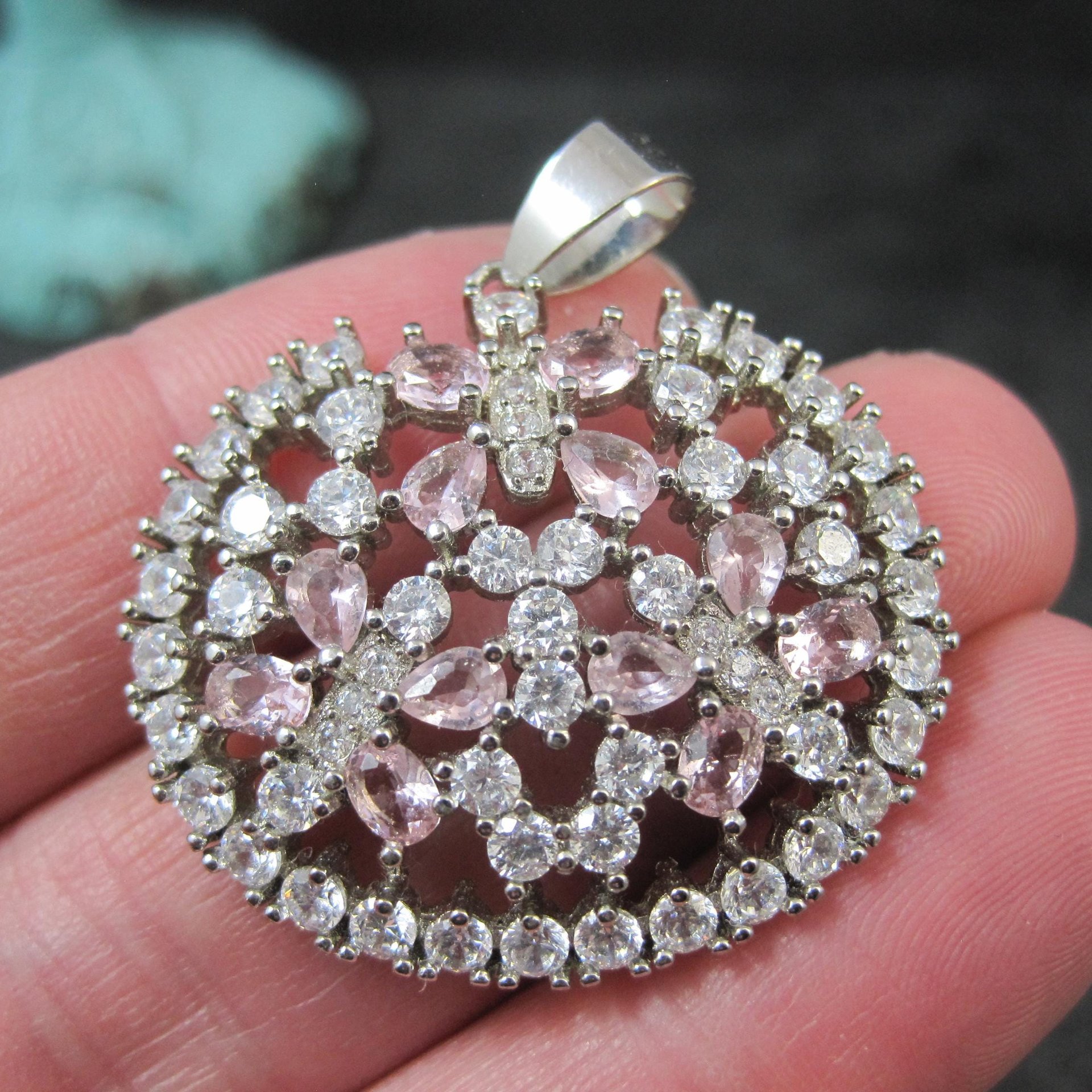 Estate Sterling Silver Pink Cubic Zirconia Butterfly Pendant