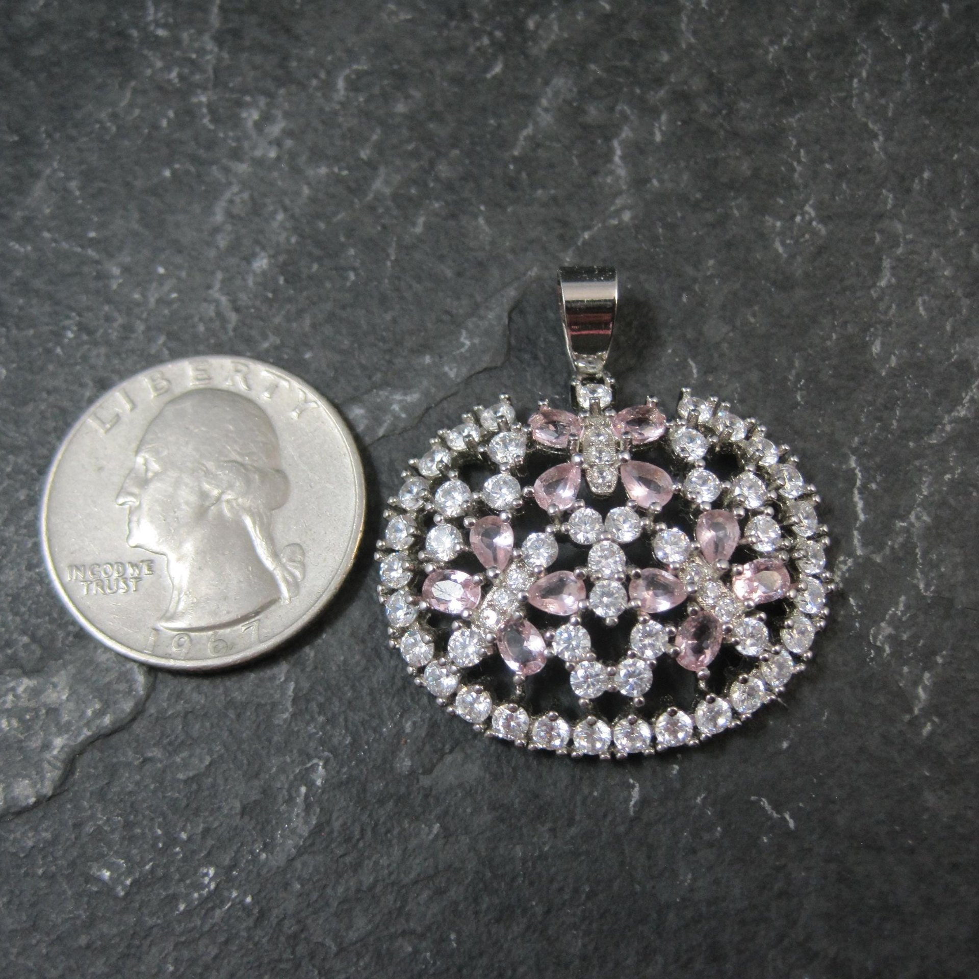 Estate Sterling Silver Pink Cubic Zirconia Butterfly Pendant