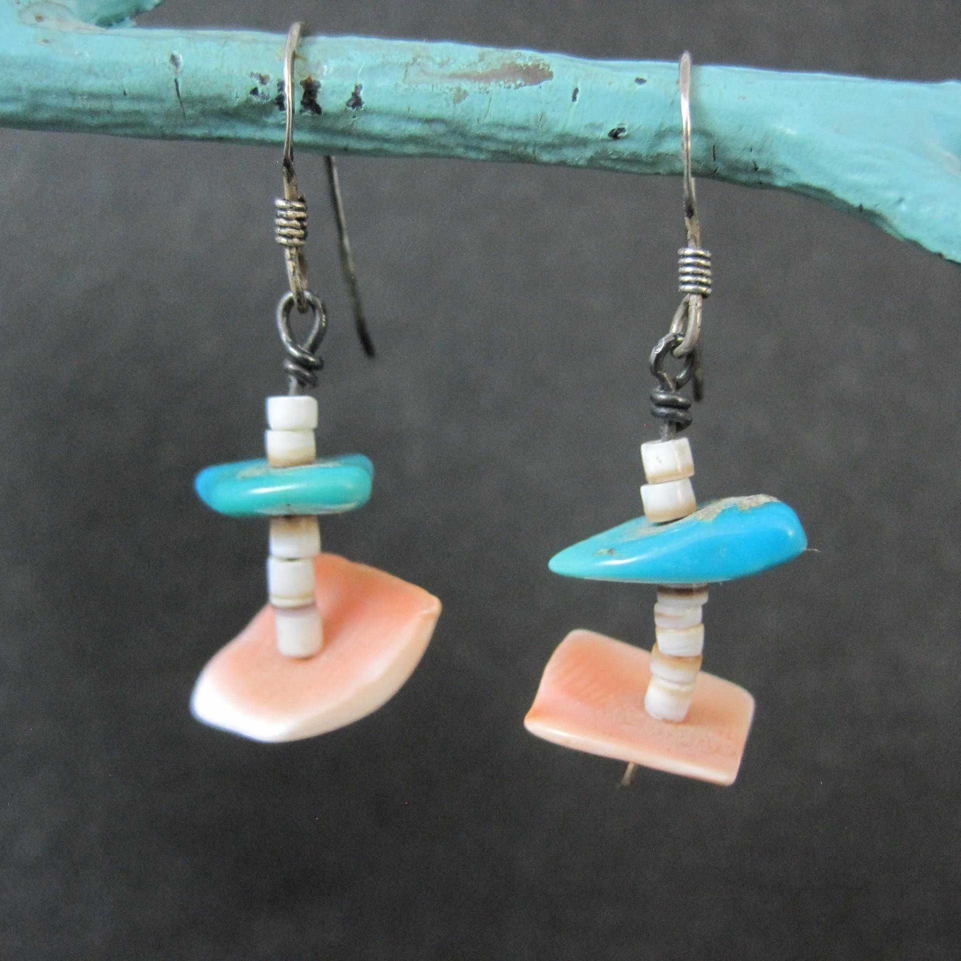 Southwestern Turquoise and Shell Earrings Estate Sterling Silver