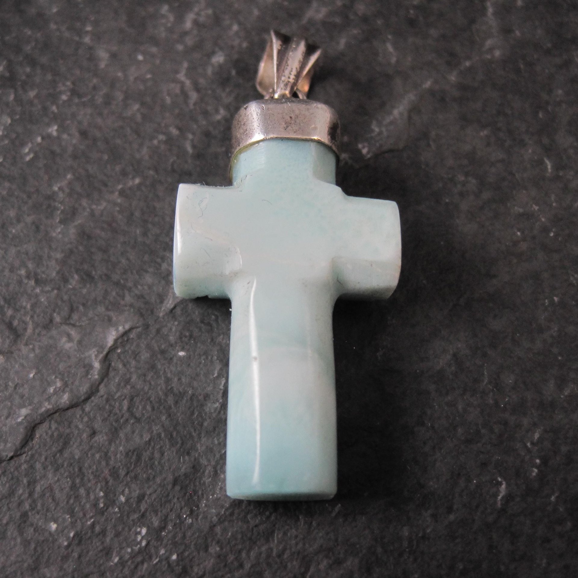 Carved Larimar Cross Pendant Sterling Silver