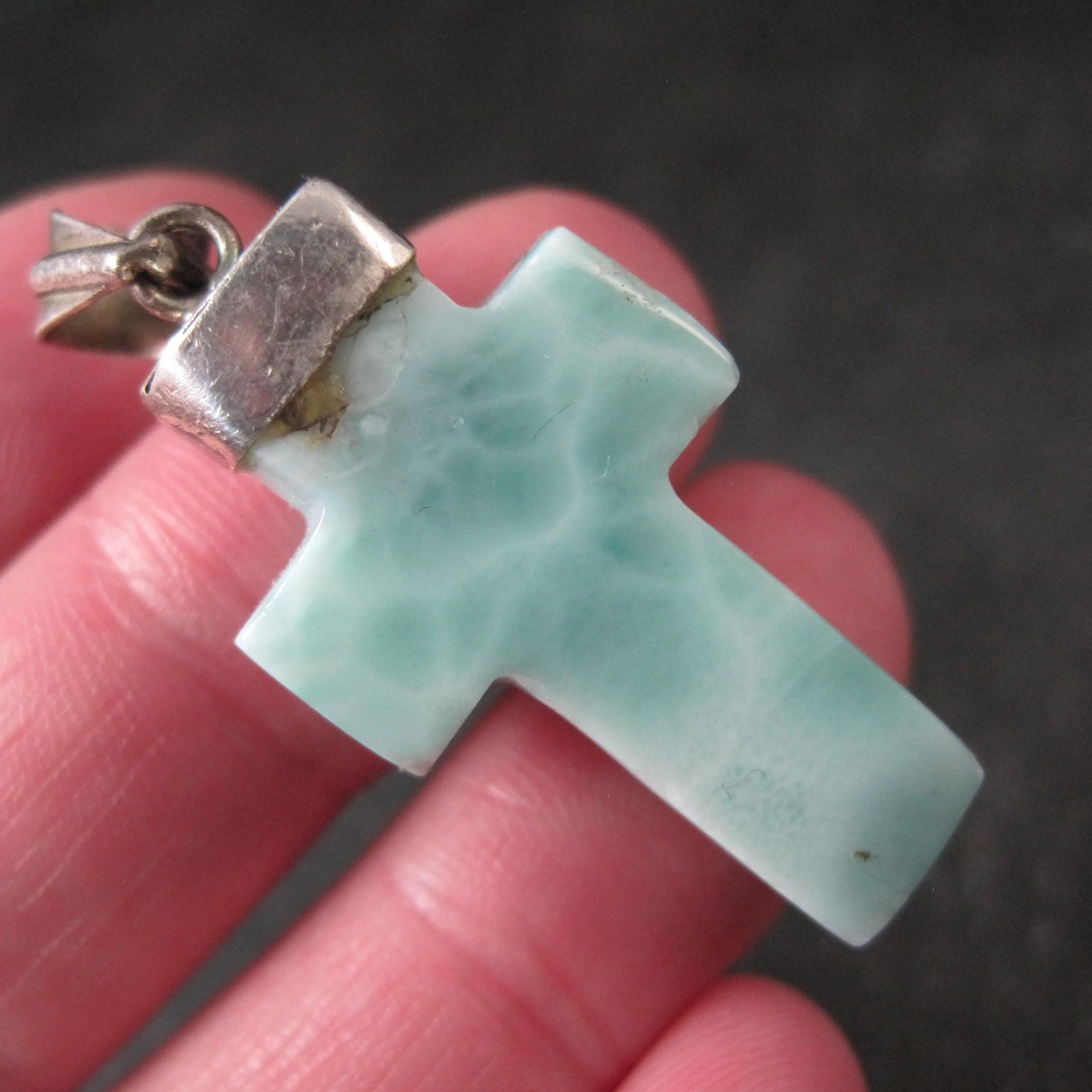 Carved Larimar Cross Pendant Sterling Silver