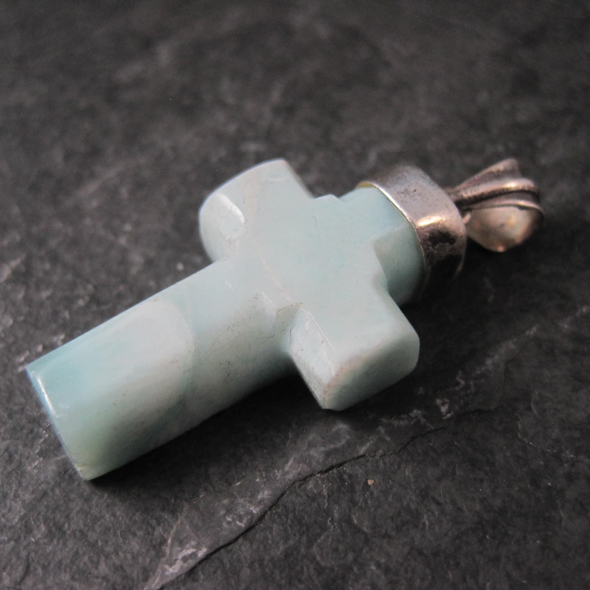 Carved Larimar Cross Pendant Sterling Silver