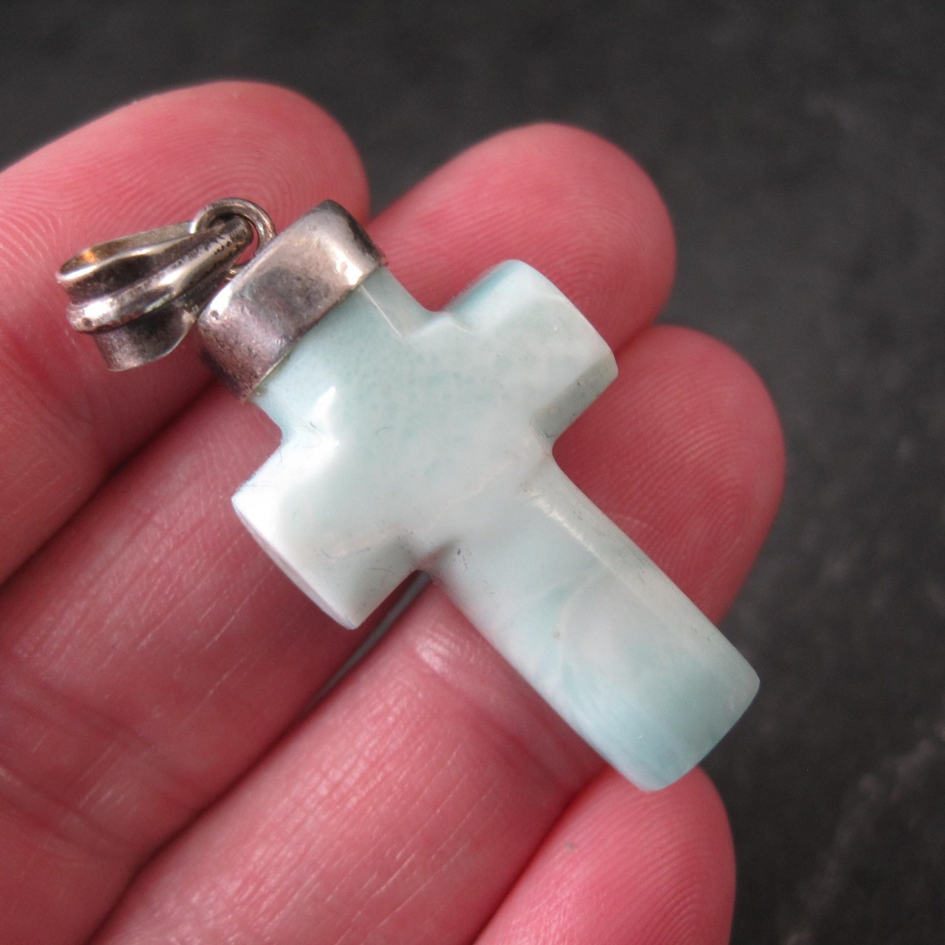 Carved Larimar Cross Pendant Sterling Silver