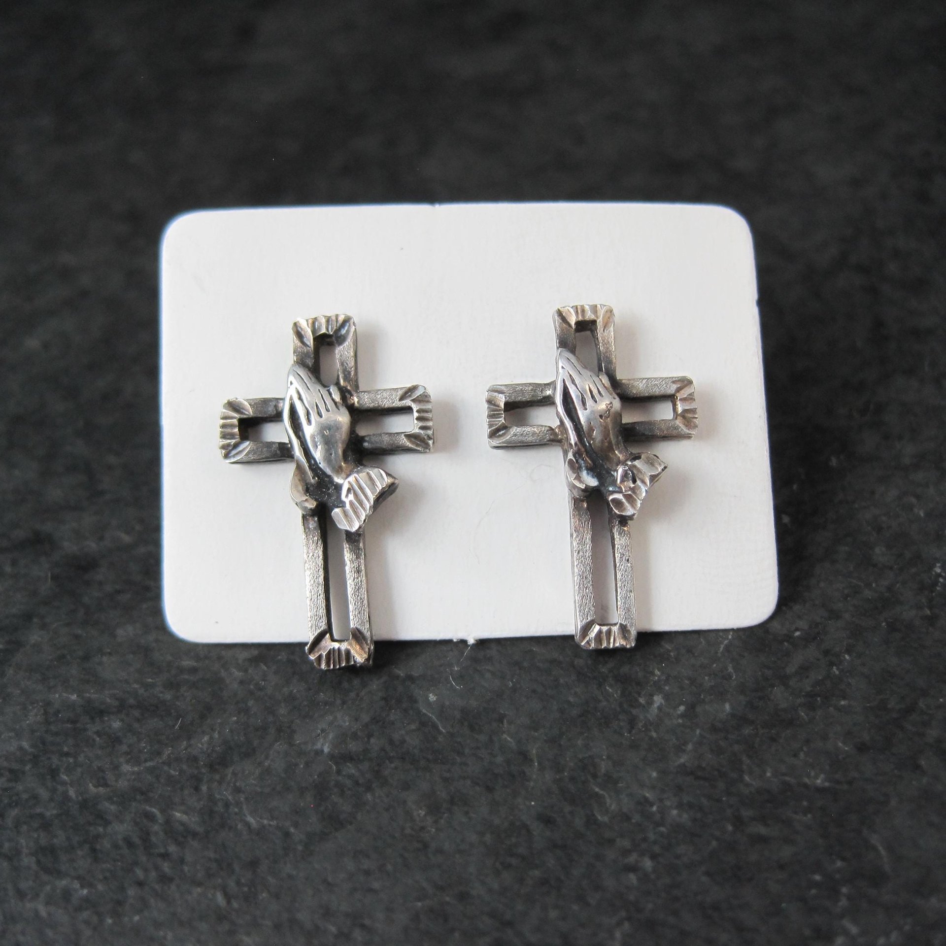 Vintage Praying Hands Cross Earrings Diamond Cut Sterling Silver