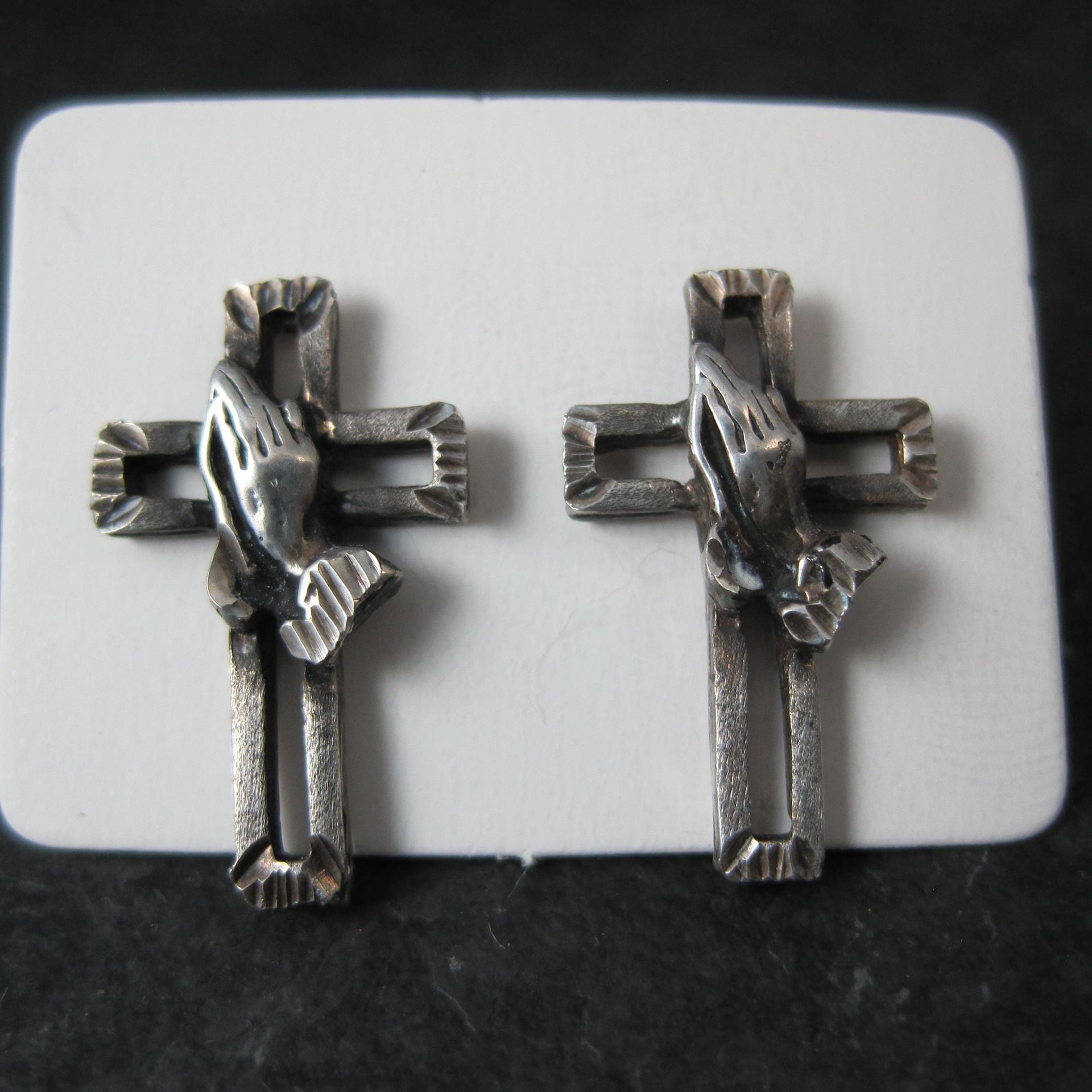 Vintage Praying Hands Cross Earrings Diamond Cut Sterling Silver