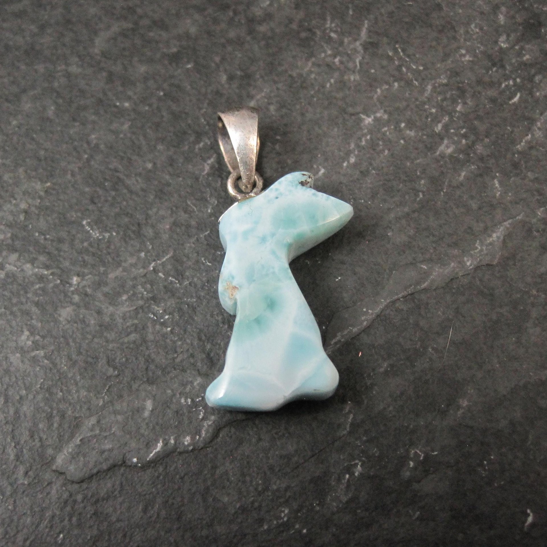 Carved Larimar Rabbit Pendant Sterling Silver