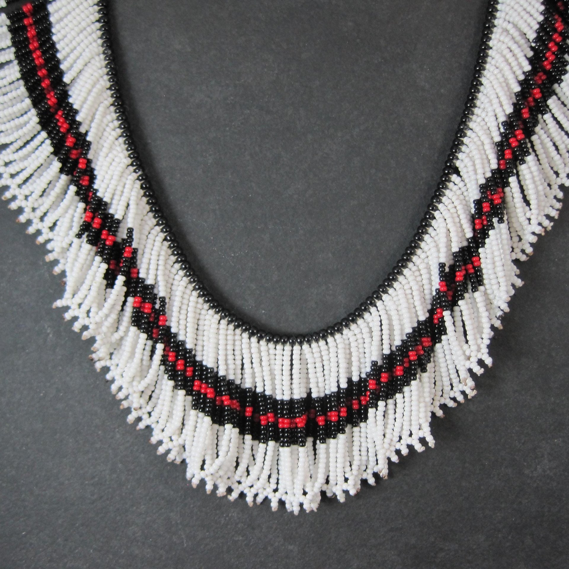 Vintage Black Red White Beaded Collar Necklace