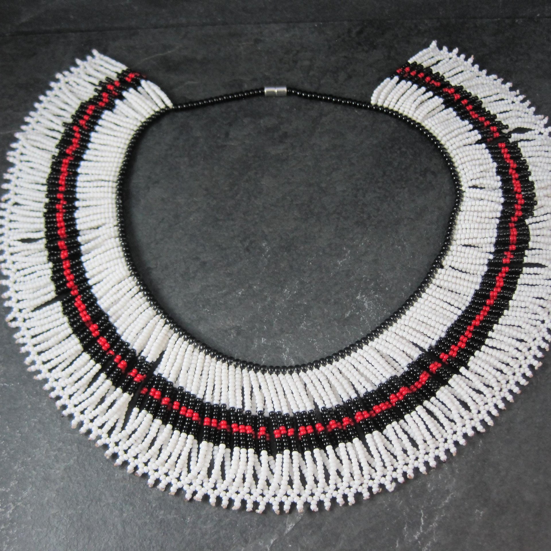 Vintage Black Red White Beaded Collar Necklace