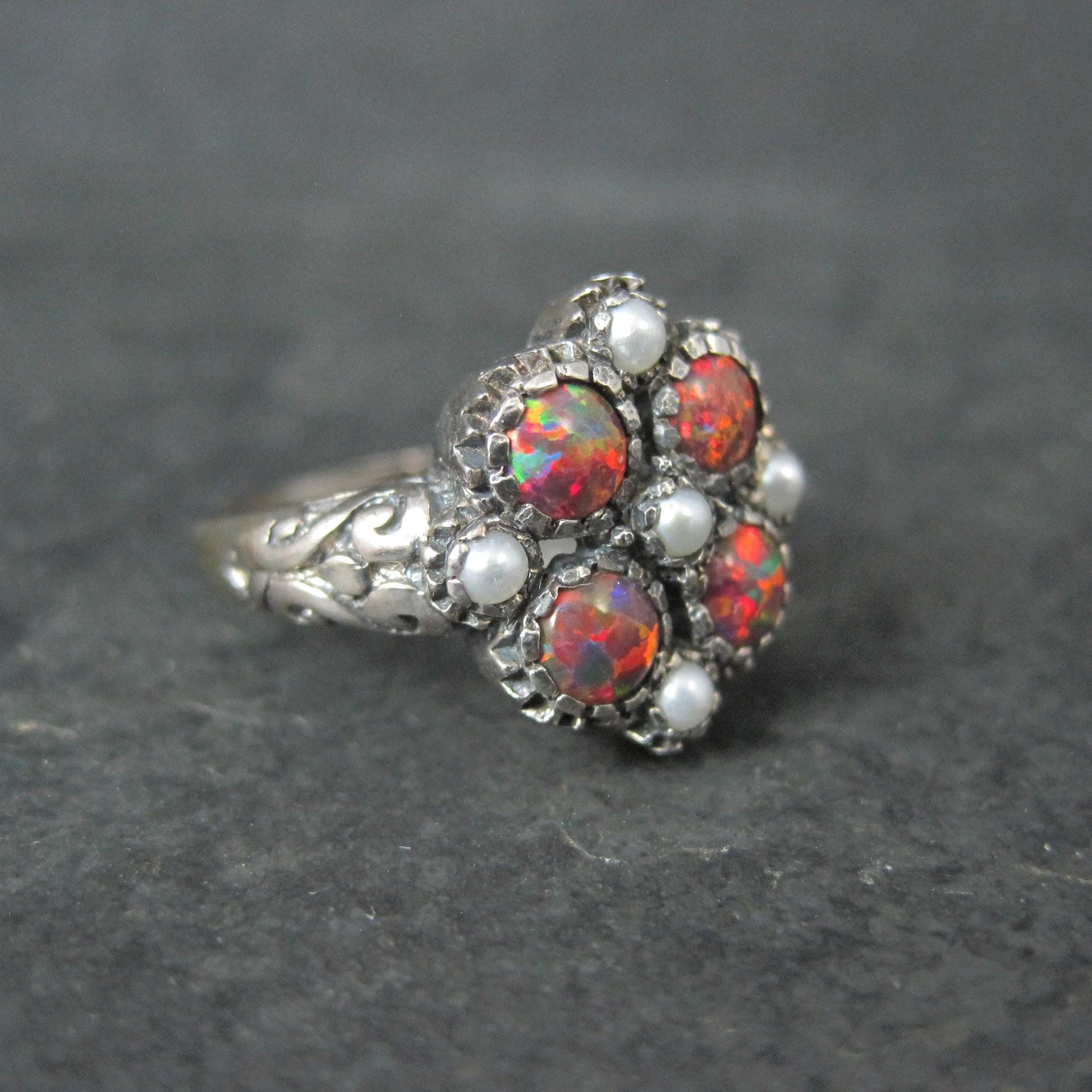 Opal and Seed Pearl Ring Size 5.5 Art Deco Style Sterling Silver