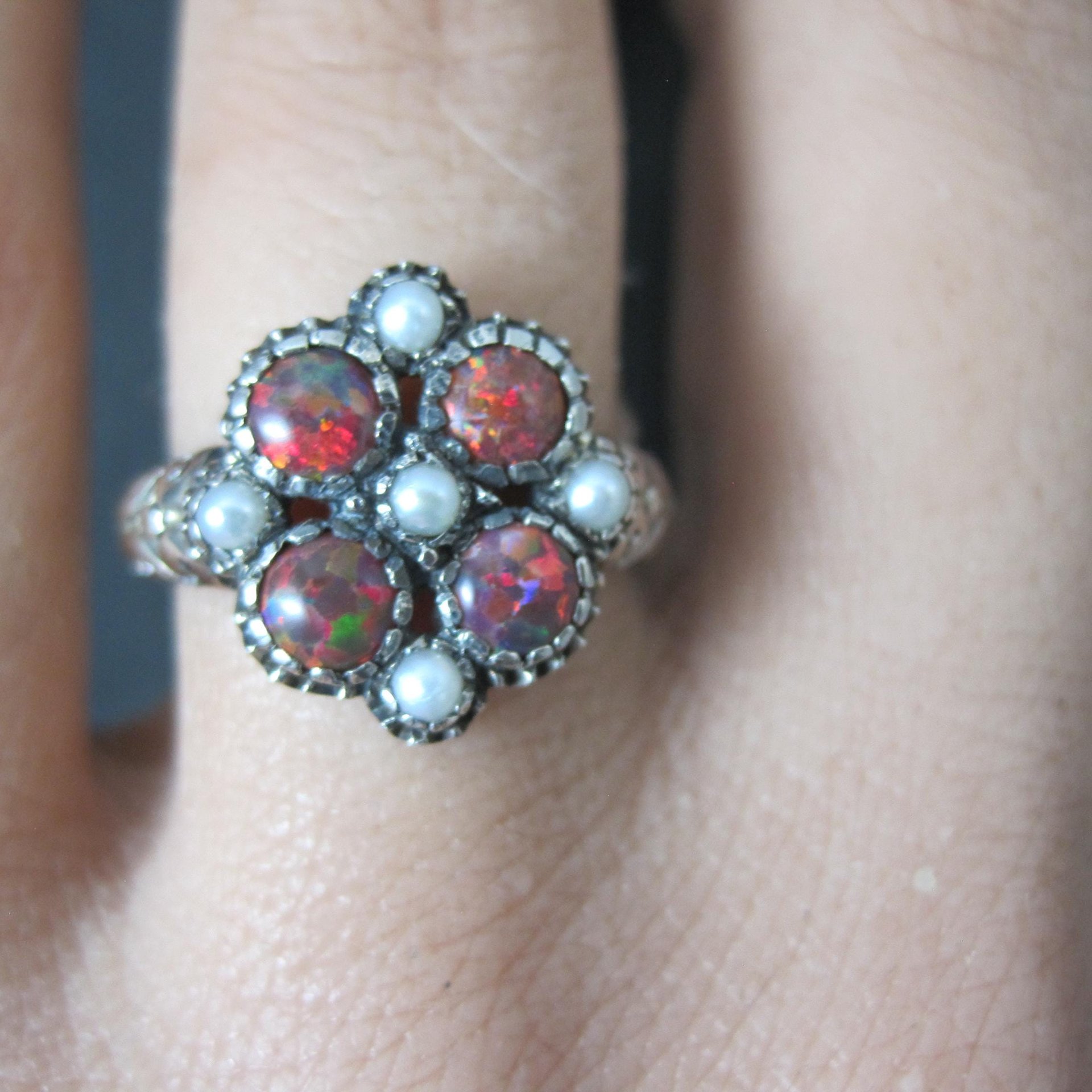 Opal and Seed Pearl Ring Size 5.5 Art Deco Style Sterling Silver