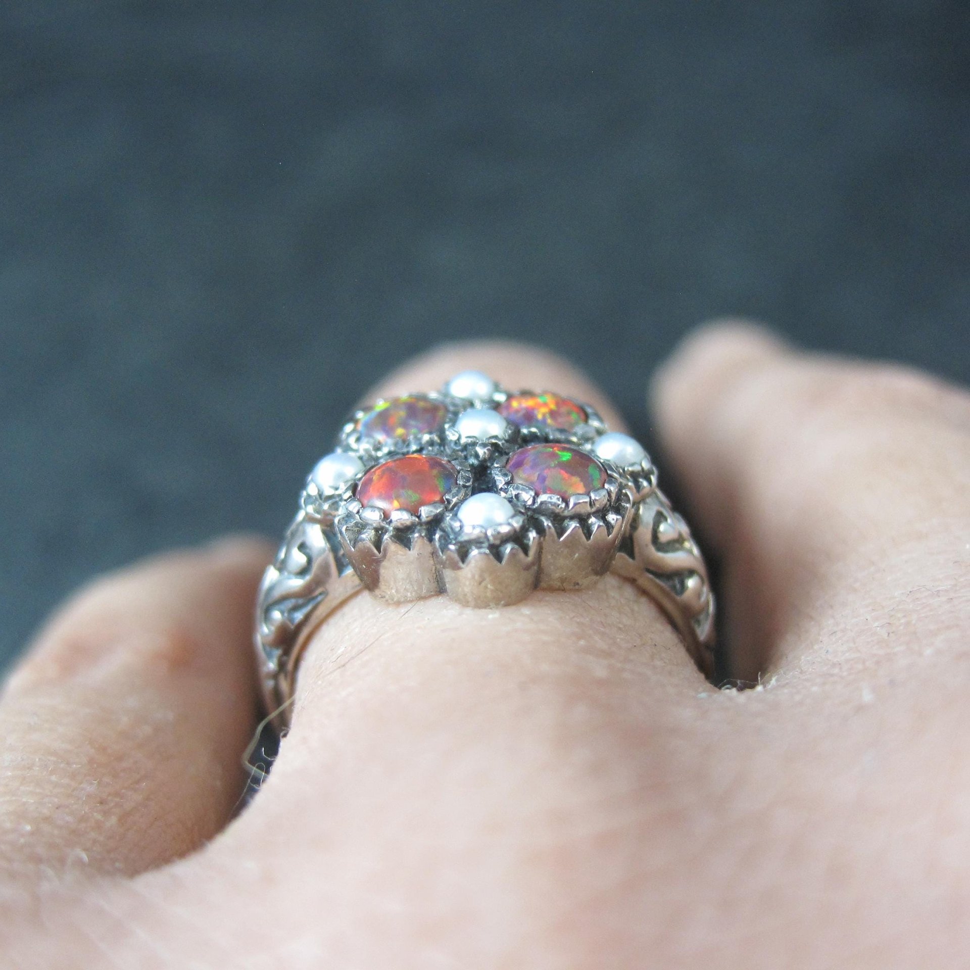 Opal and Seed Pearl Ring Size 5.5 Art Deco Style Sterling Silver