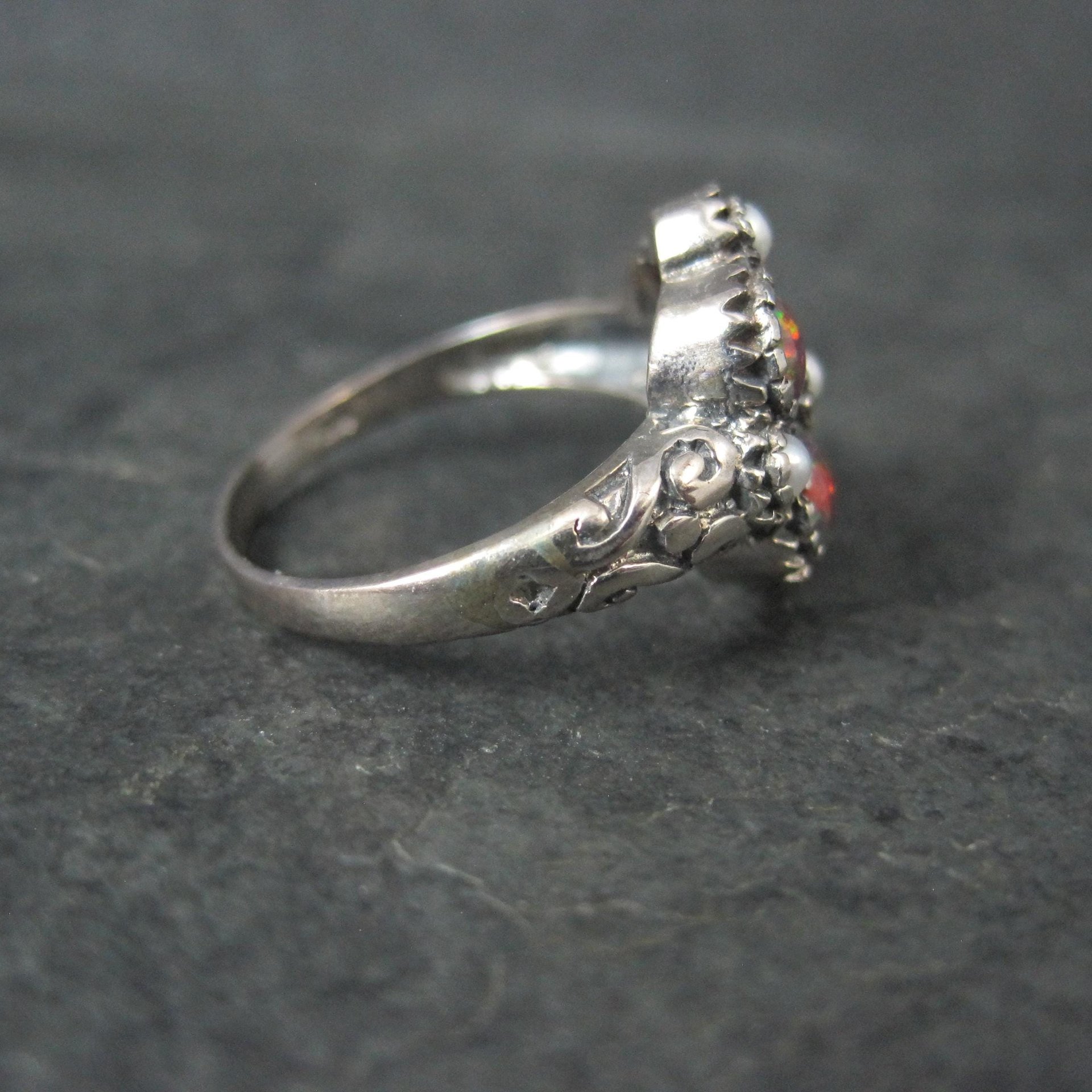 Opal and Seed Pearl Ring Size 5.5 Art Deco Style Sterling Silver