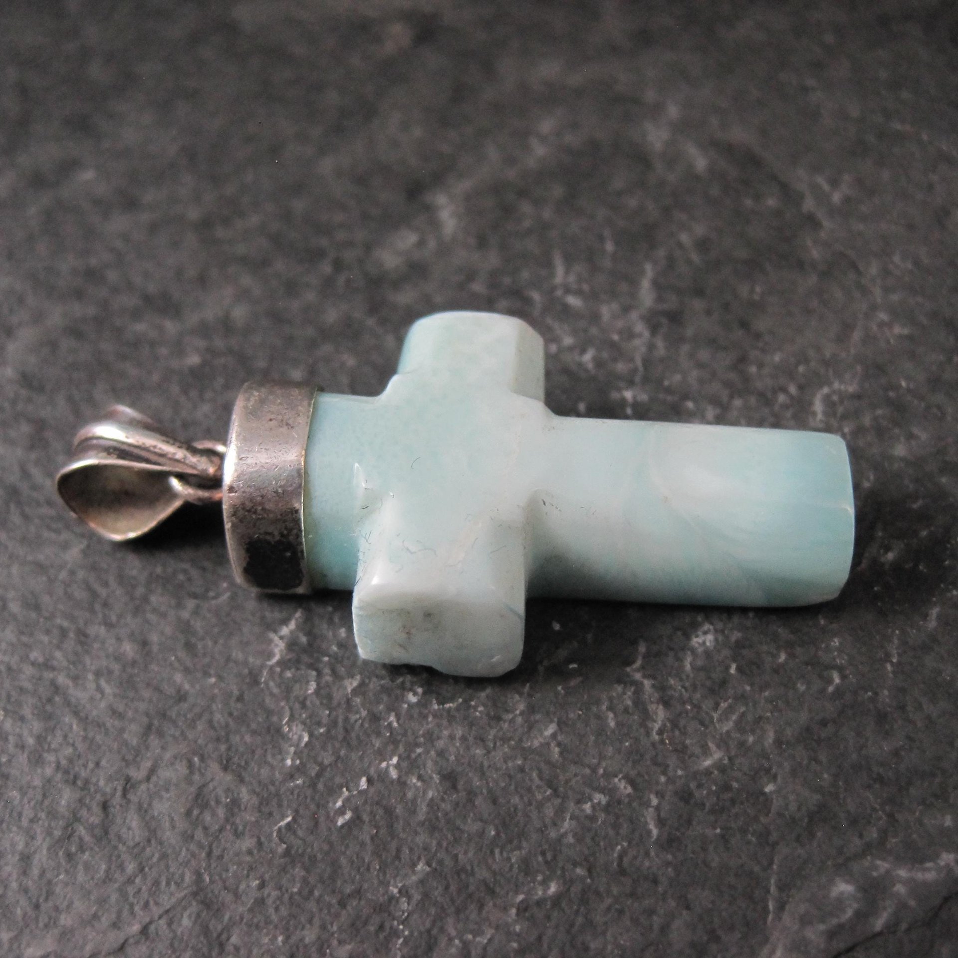 Carved Larimar Cross Pendant Sterling Silver