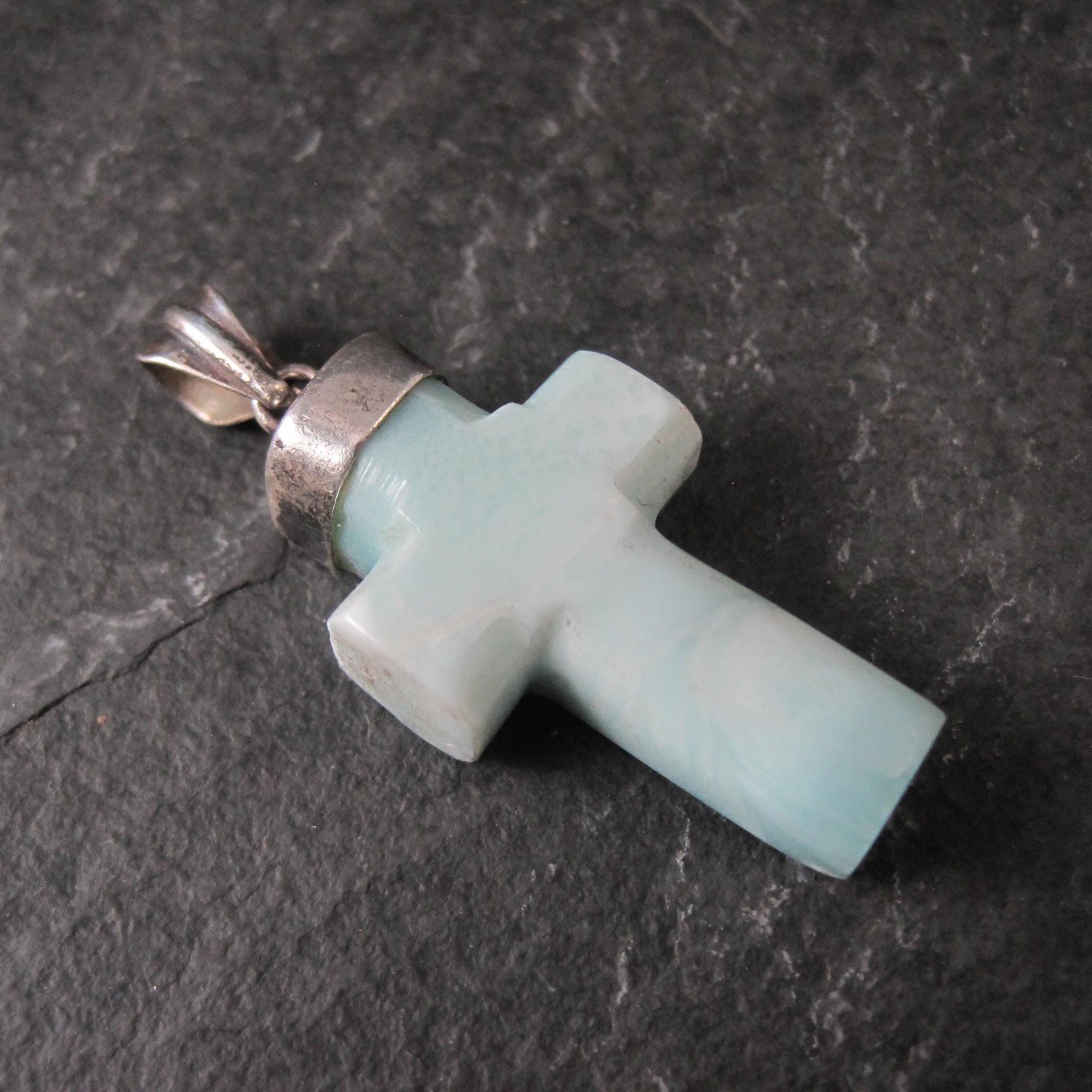 Carved Larimar Cross Pendant Sterling Silver