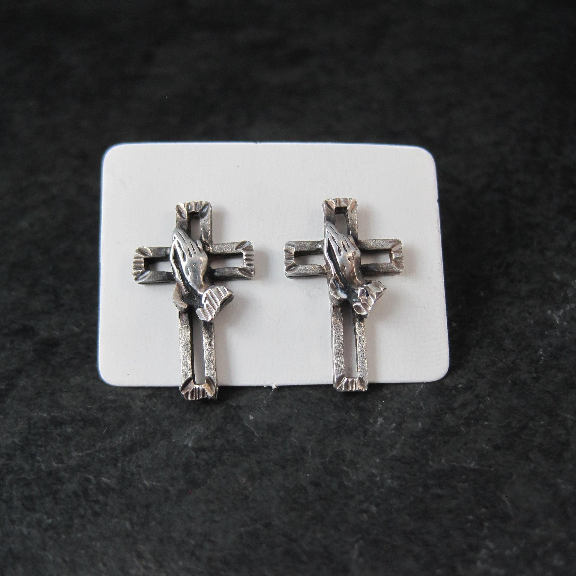 Vintage Praying Hands Cross Earrings Diamond Cut Sterling Silver