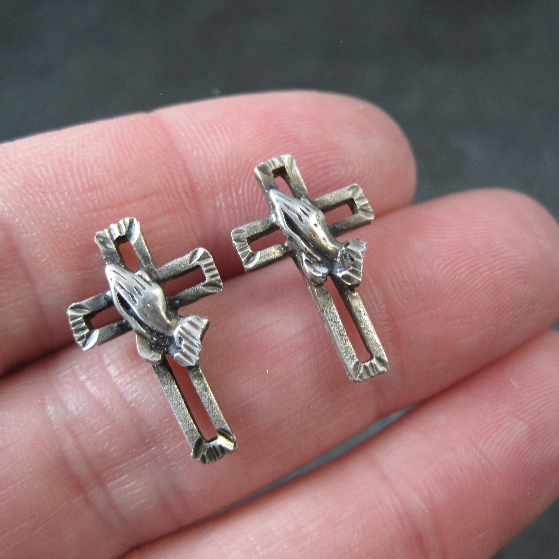 Vintage Praying Hands Cross Earrings Diamond Cut Sterling Silver