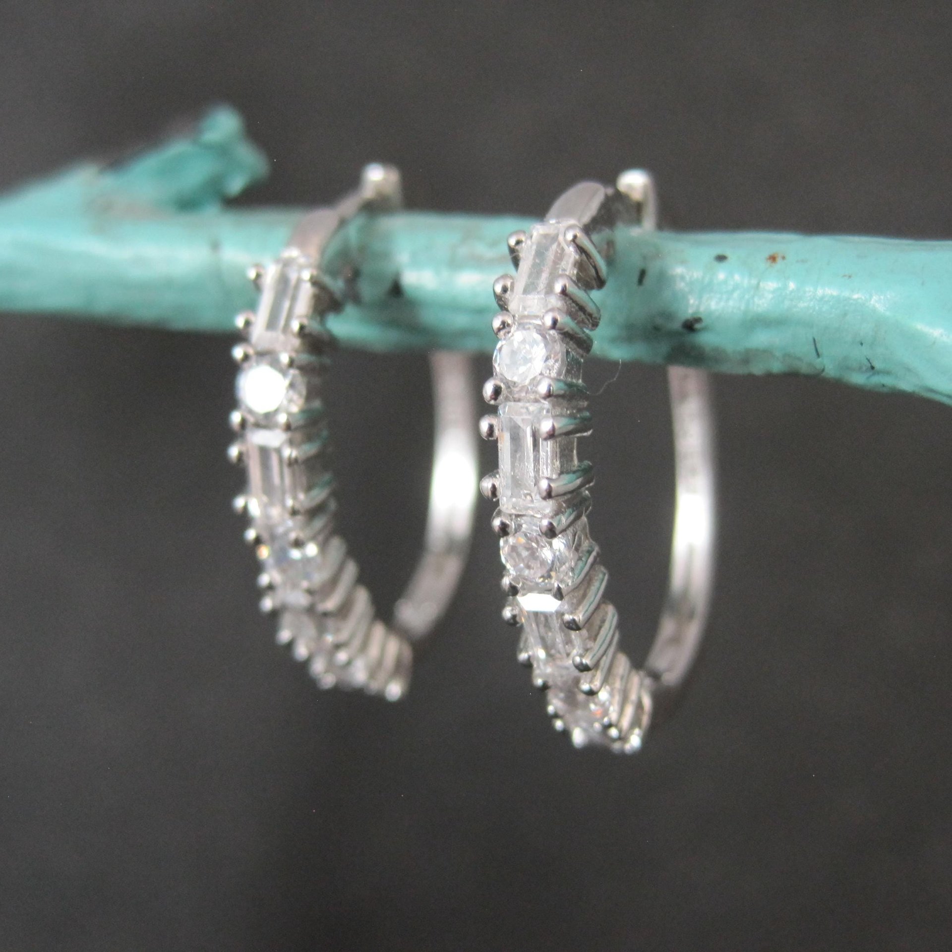 Estate Sterling Cubic Zirconia Latch Hoop Earrings