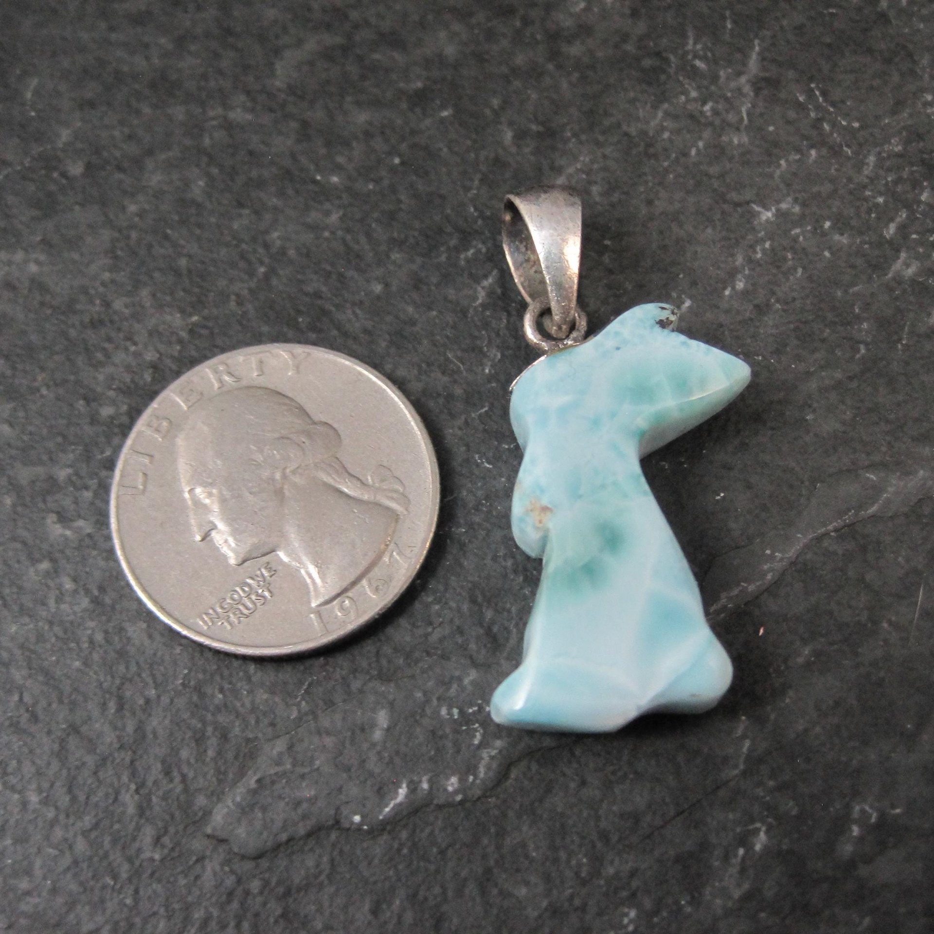 Carved Larimar Rabbit Pendant Sterling Silver